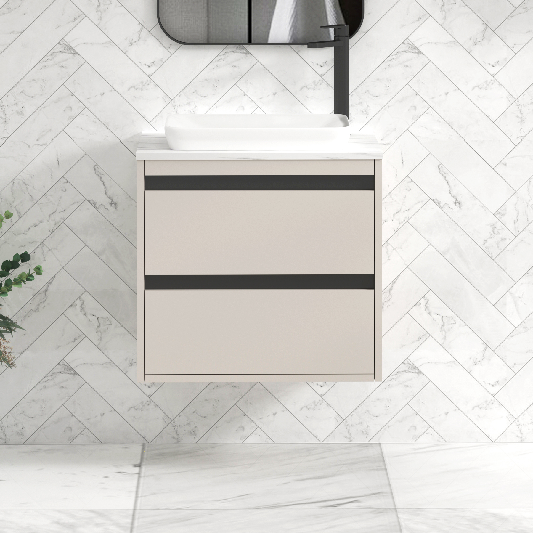 Orion 600mm Beige Wall Hung Countertop Vanity Unit 2 Drawer with Qubix Basin & Black Strip