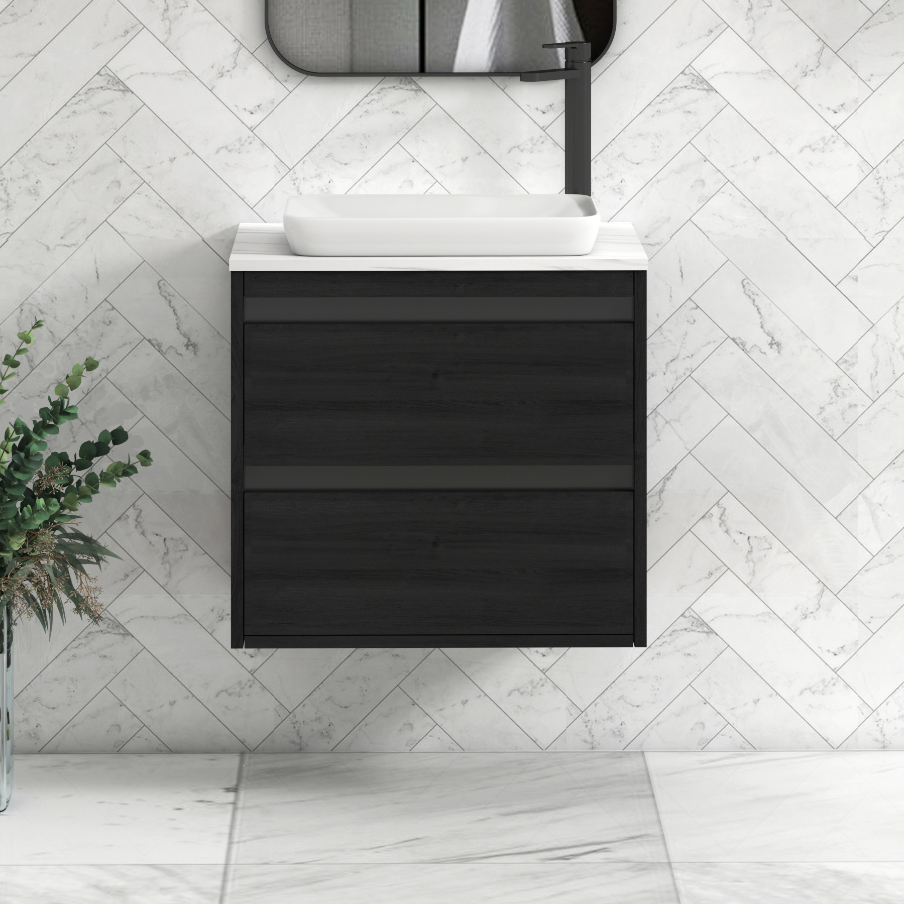 Orion 2 Drawer Hale Black Wall Hung Vanity Unit with Carrara White Top & Countertop Basin | Black Accent Trim