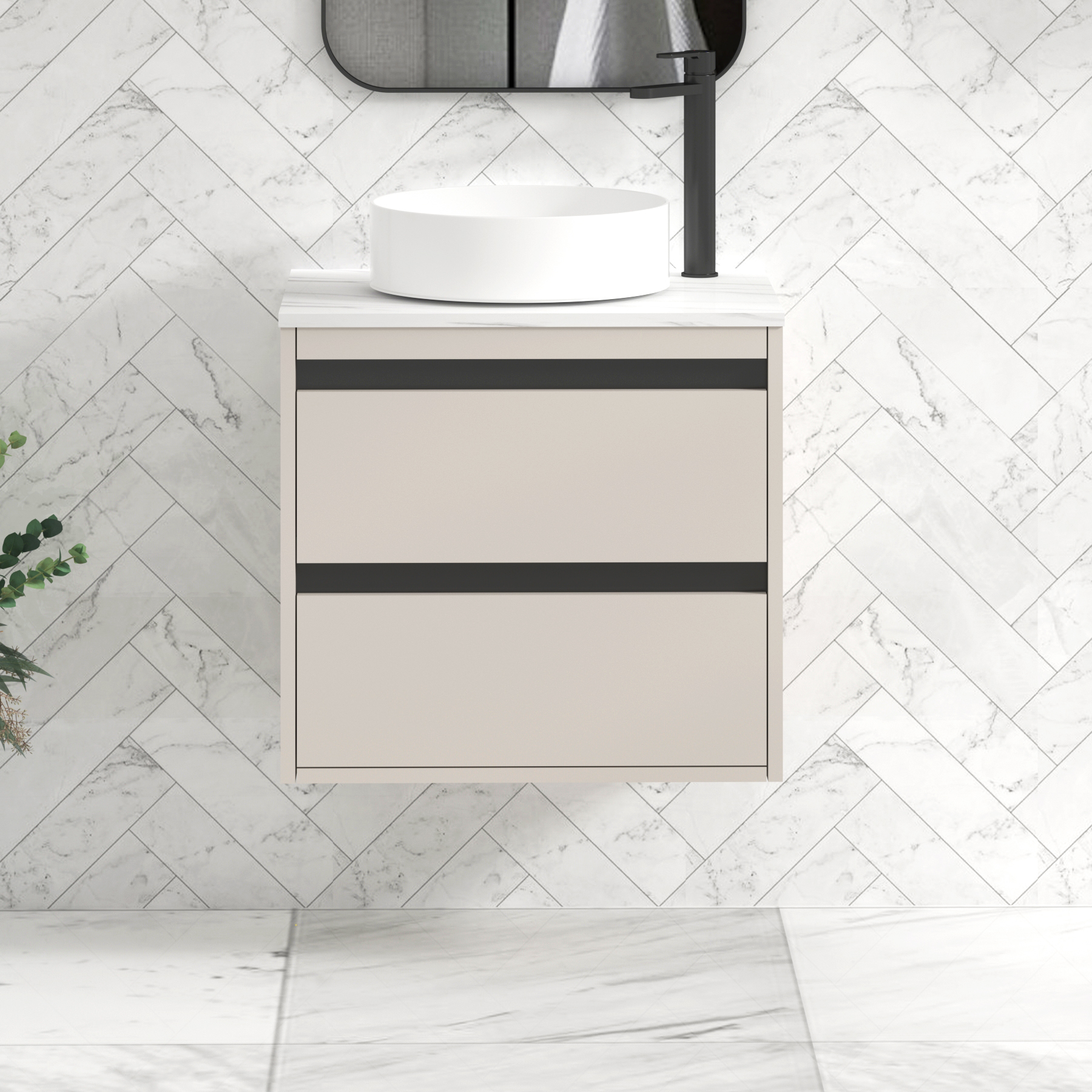 Orion 600mm Beige Wall Hung Vanity Unit 2 Drawer with Carrara White Undrilled Worktop & Black Strip