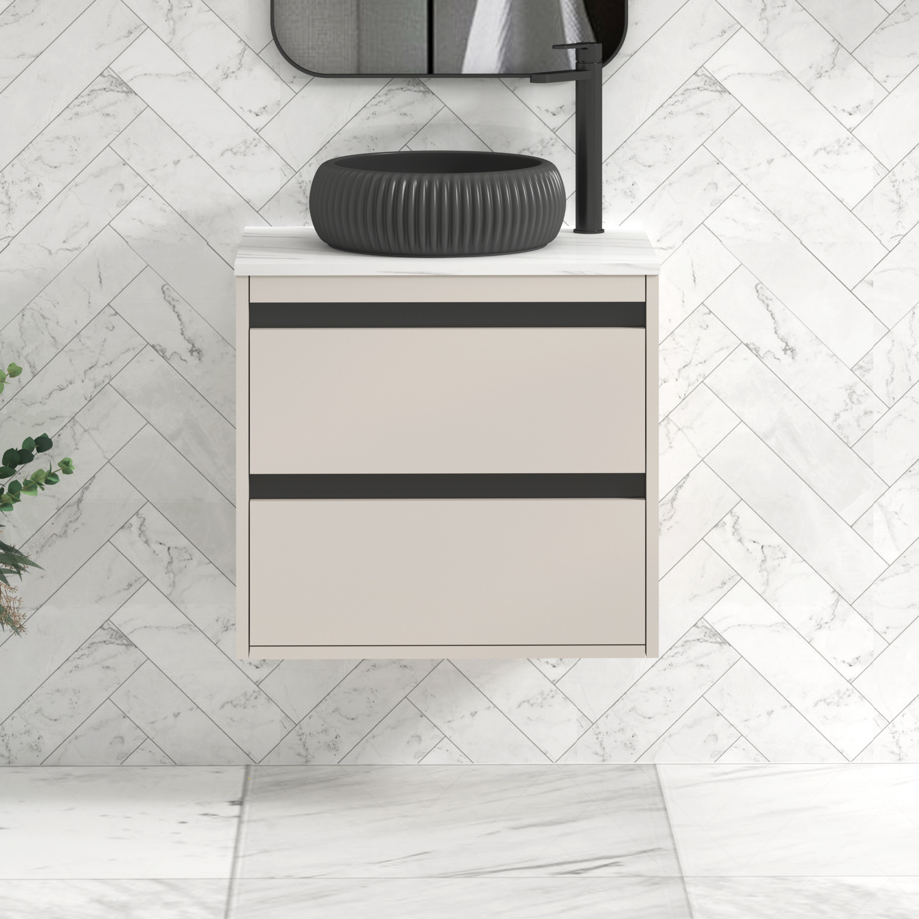 Orion 600mm Warm Taupe Wall Hung Countertop Vanity Unit 2 Drawer with Milan Black Basin & Black Accent Trim