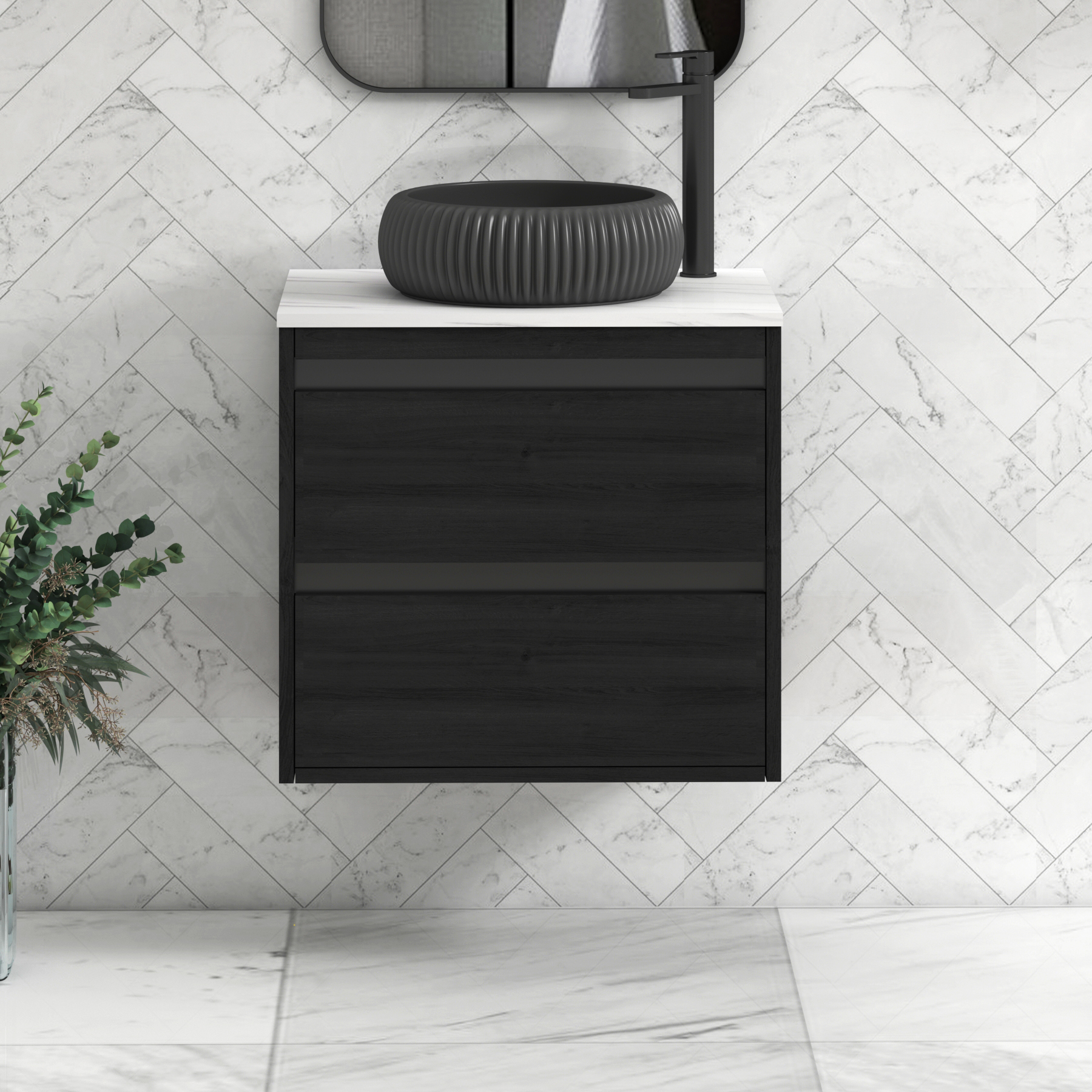 Orion 2 Drawer Hale Black Wall Hung Vanity Unit with Carrara White Top & Countertop Basin | Black Accent Trim