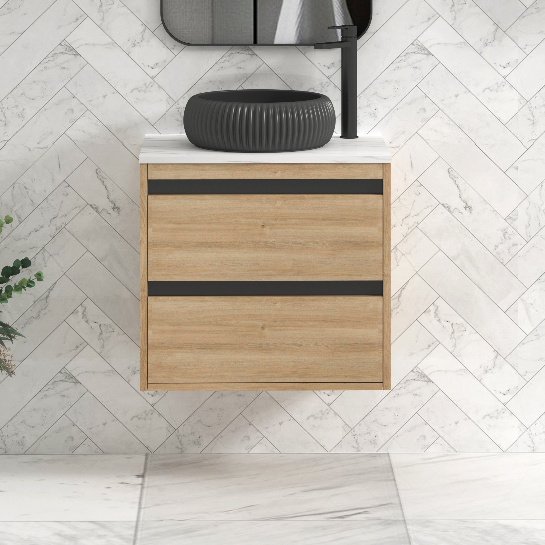 Orion 600mm Natural Oak Wall Hung Countertop Vanity Unit 2 Drawer with Milan Black Basin & Black Strip