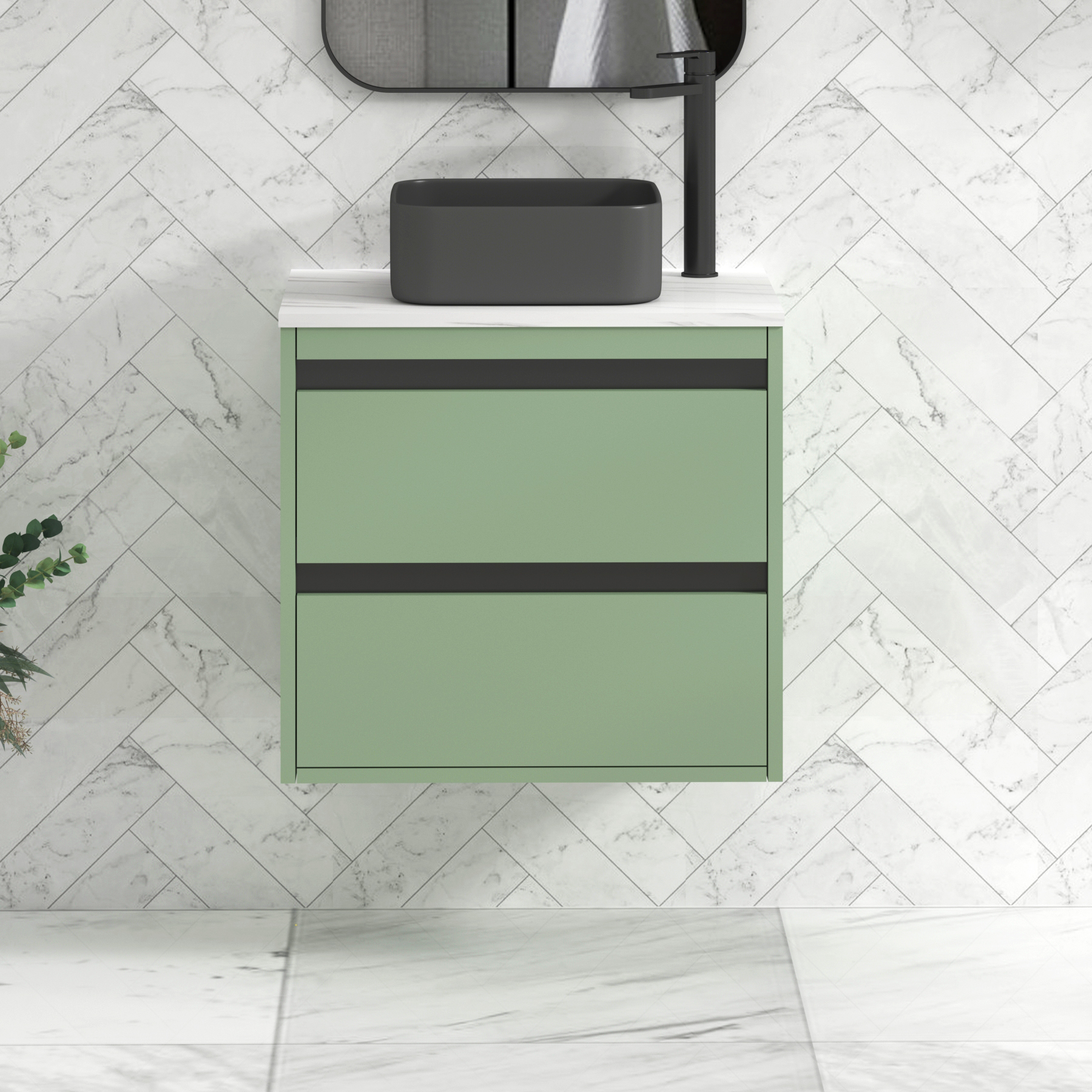 Orion 600mm Mint Green Wall Hung Countertop Vanity Unit 2 Drawer with Art Square Basin & Black Strip