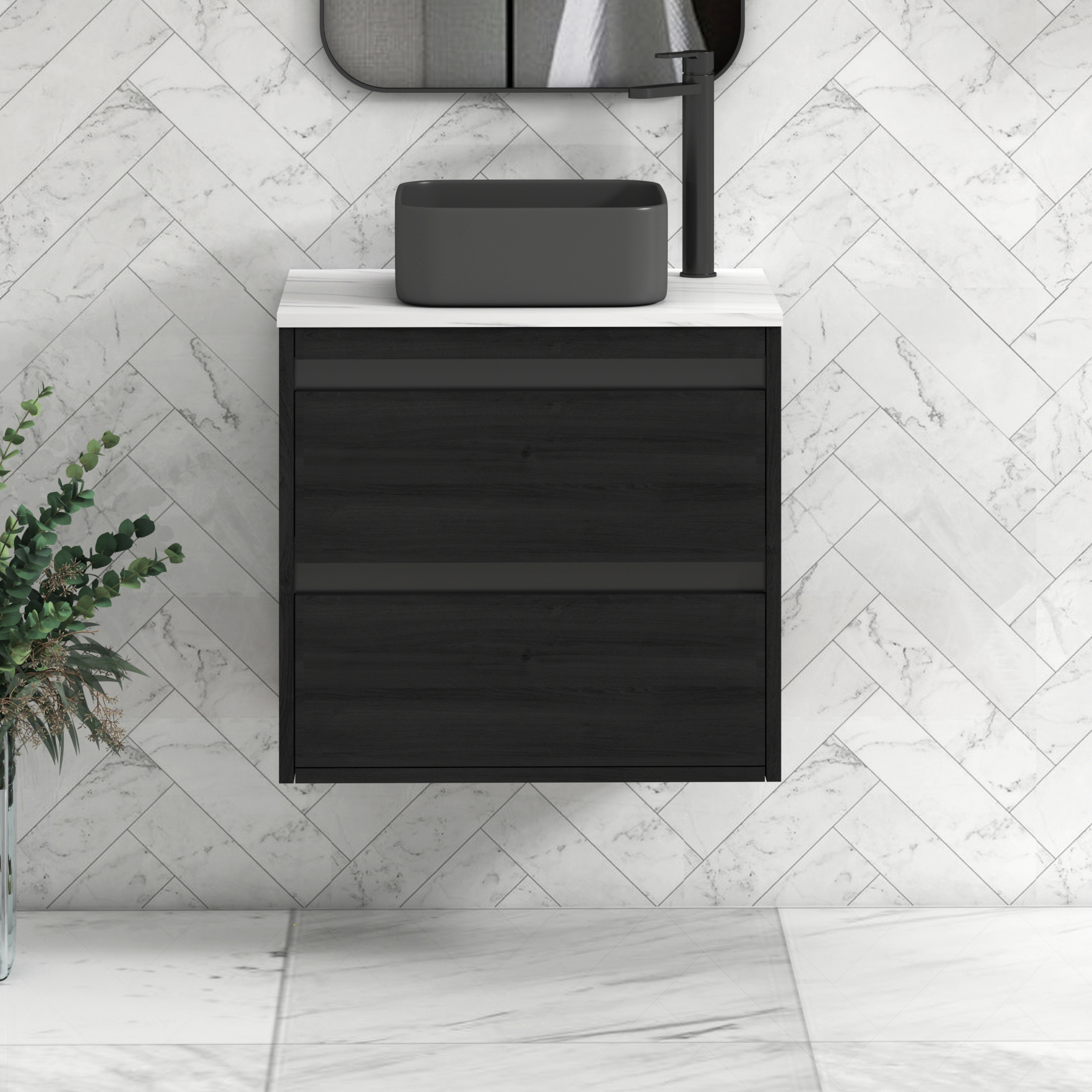 Orion 2 Drawer Hale Black Wall Hung Vanity Unit with Carrara White Top & Countertop Basin | Black Accent Trim