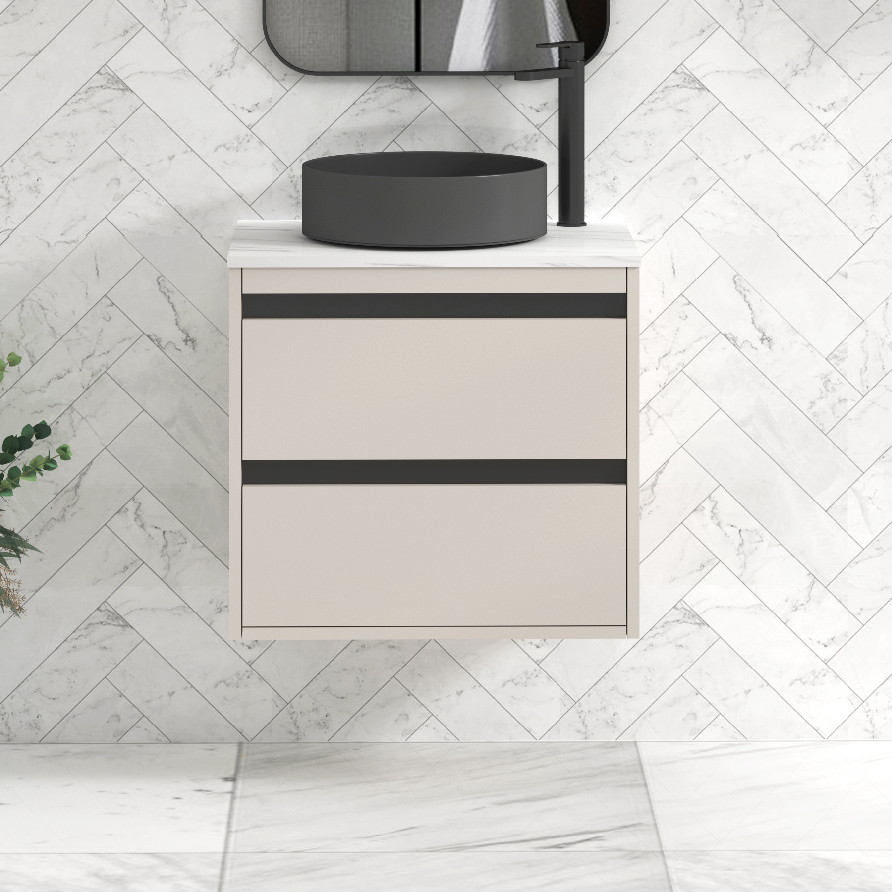 Orion 600mm Beige Wall Hung Countertop Vanity Unit 2 Drawer with Art Round Basin & Black Strip