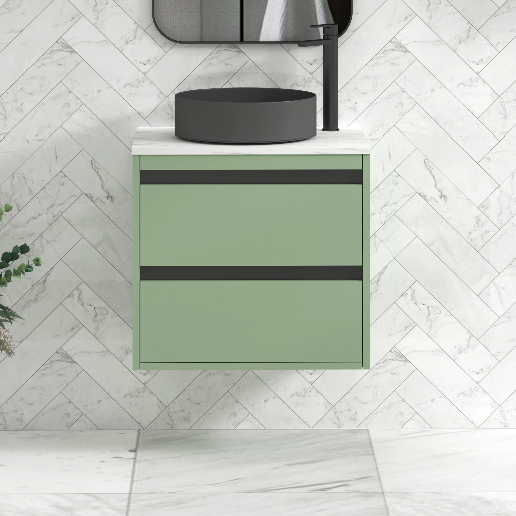 Orion 600mm Mint Green Wall Hung Countertop Vanity Unit 2 Drawer with Art Round Basin & Black Strip
