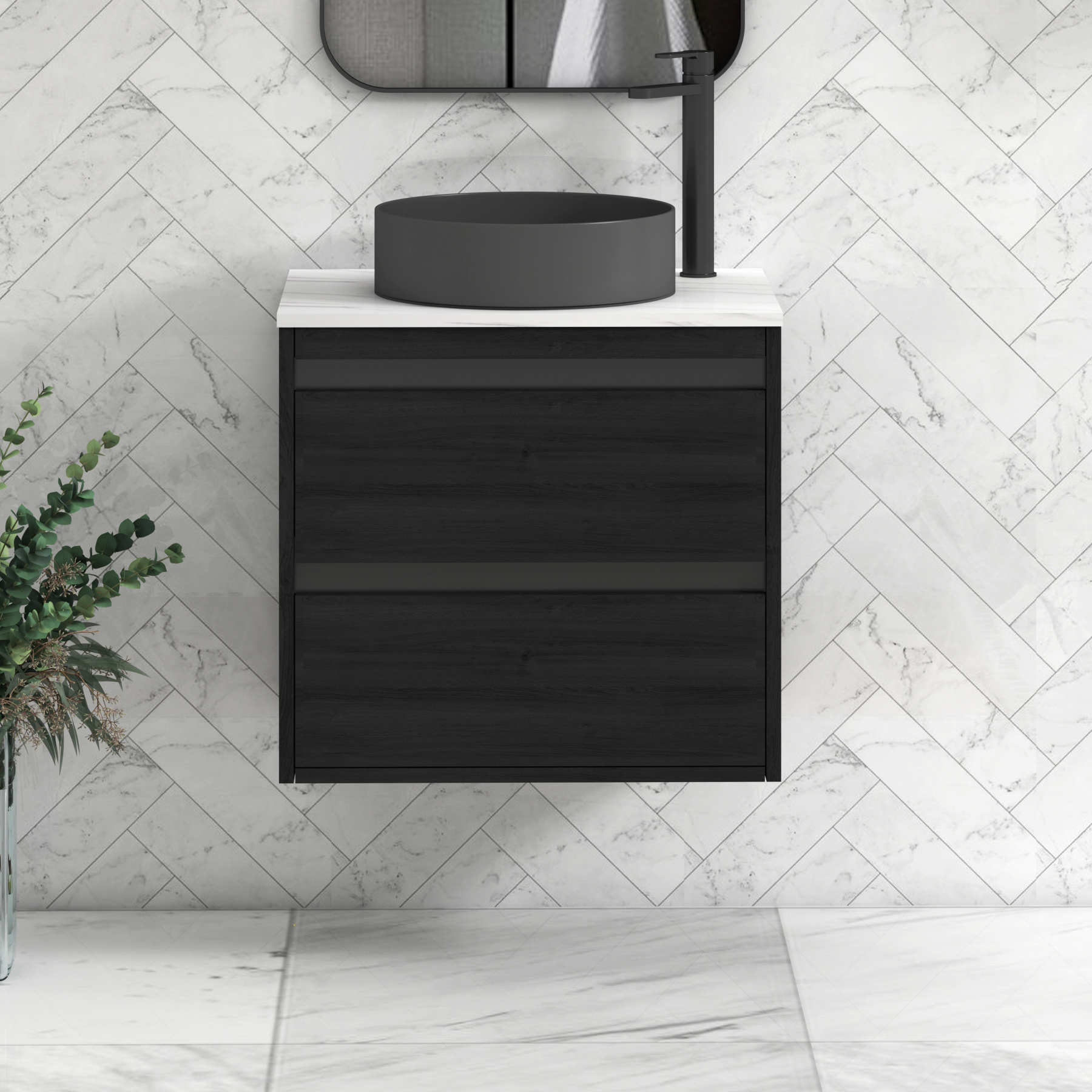 Orion 2 Drawer Hale Black Wall Hung Vanity Unit with Carrara White Top & Countertop Basin | Black Accent Trim