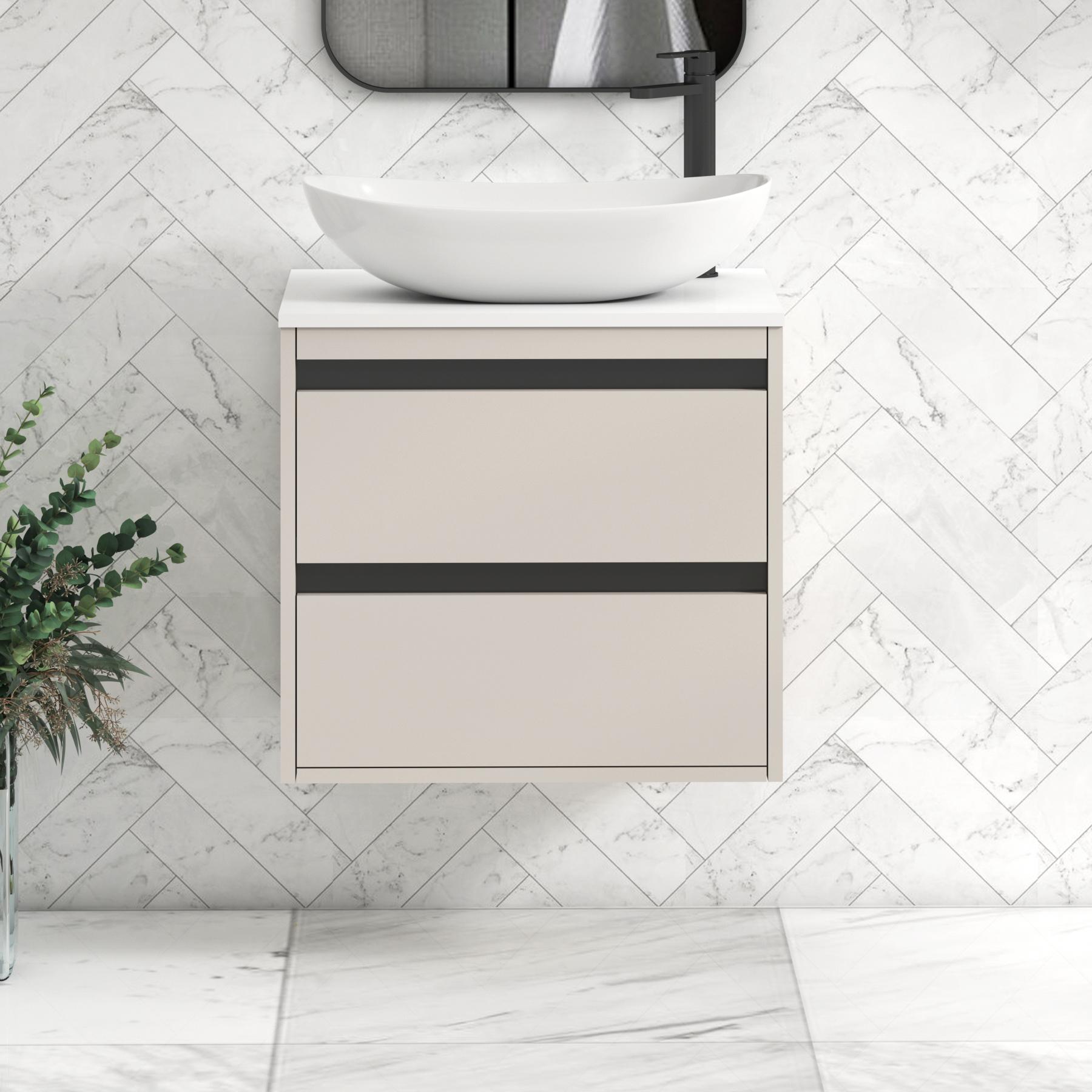 Orion 2 Drawer Warm Taupe Wall Hung Vanity Unit with Plain White Top & Countertop Basin | Black Accent Trim
