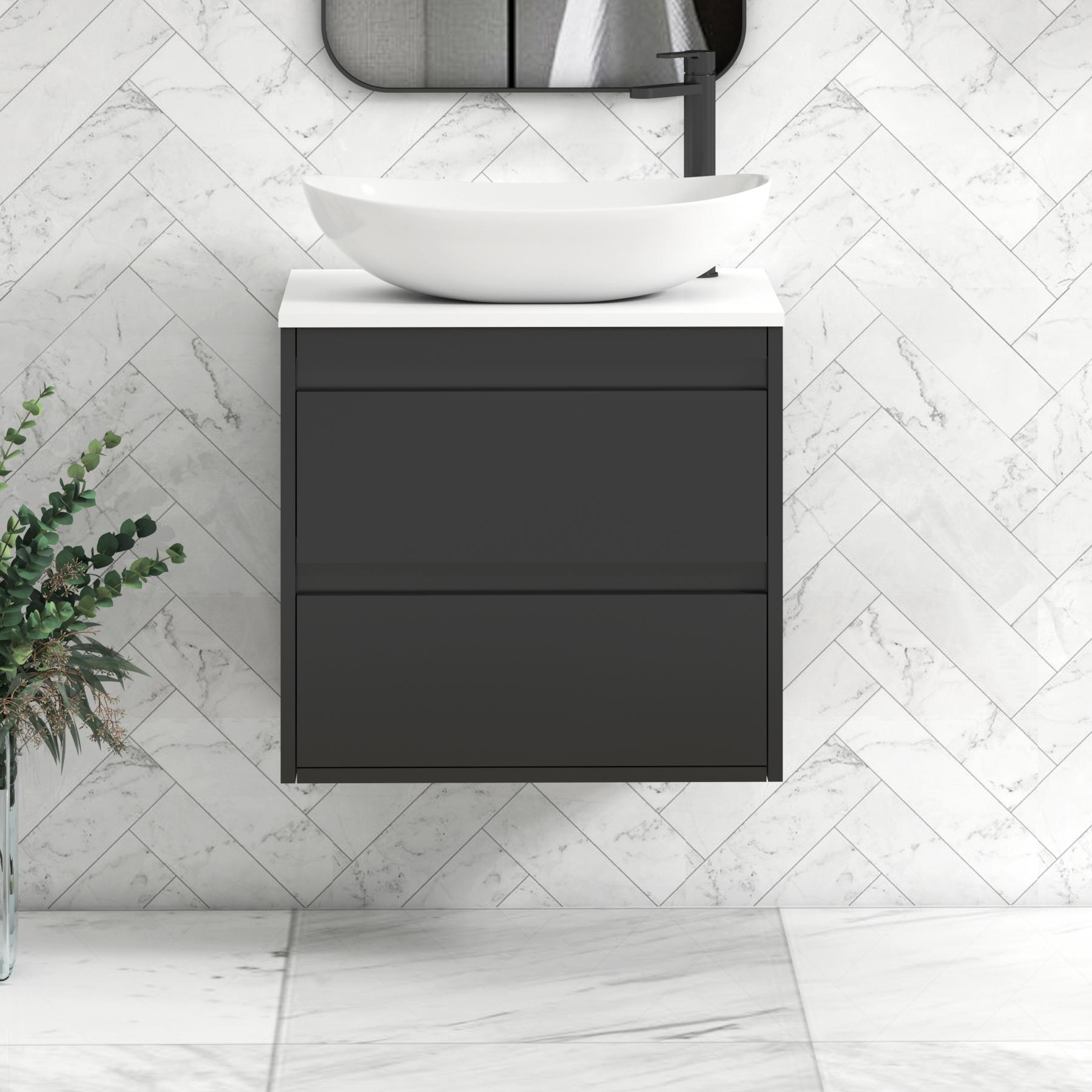 Orion 2 Drawer Matt Obsidian Black Wall Hung Vanity Unit with Plain White Top & Countertop Basin | Black Accent Trim