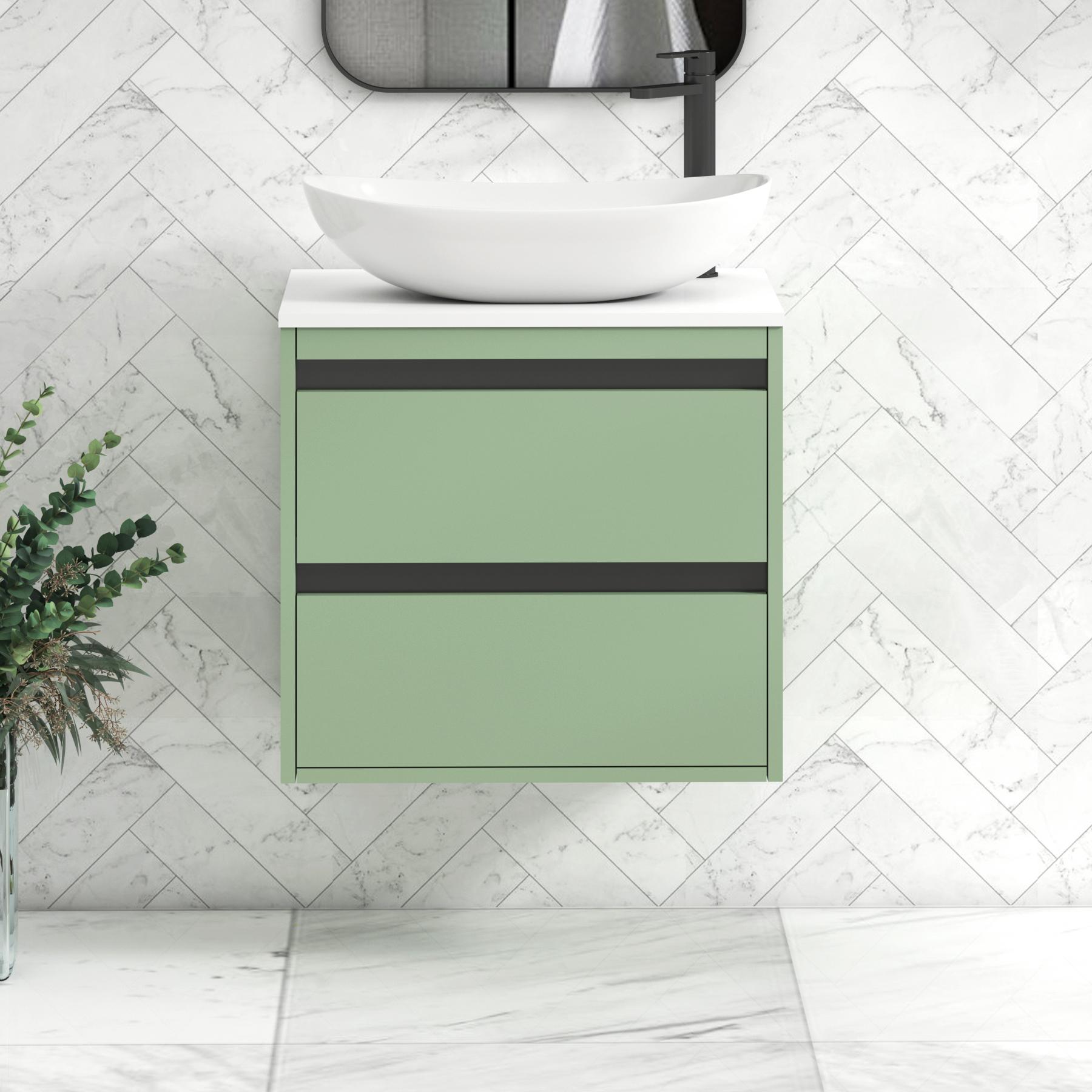 Orion 2 Drawer Mint Sage Wall Hung Vanity Unit with Plain White Top & Countertop Basin | Black Accent Trim