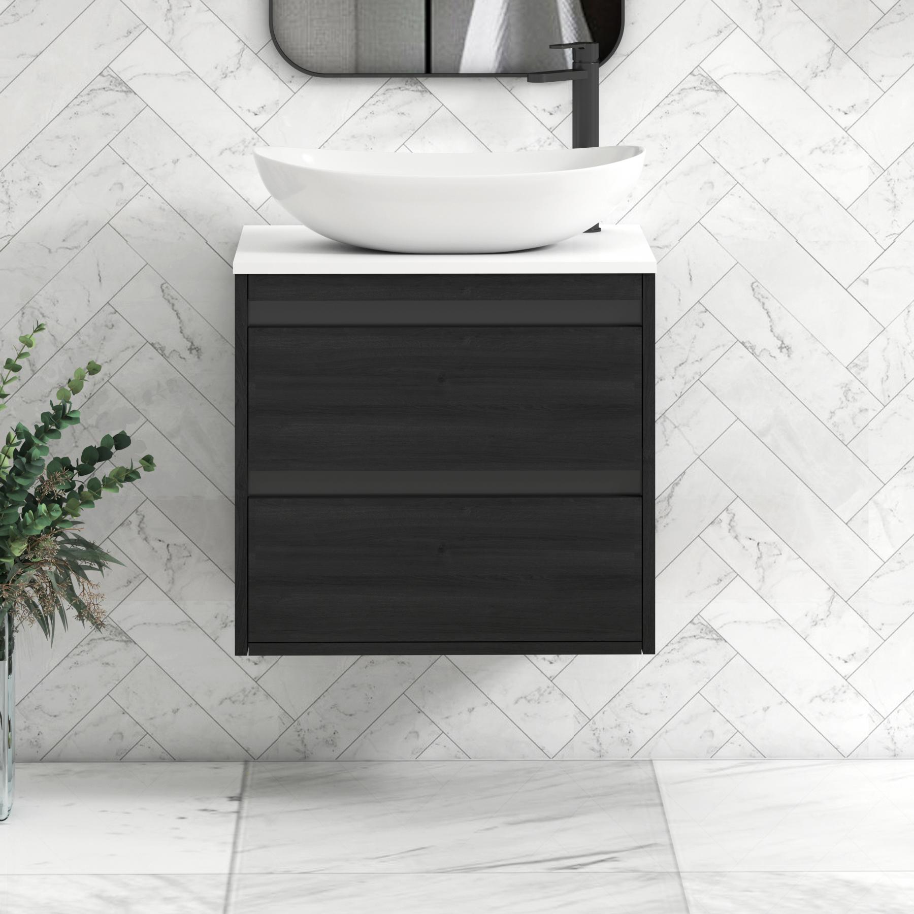 Orion 2 Drawer Hale Black Wall Hung Vanity Unit with Plain White Top & Countertop Basin | Black Accent Trim