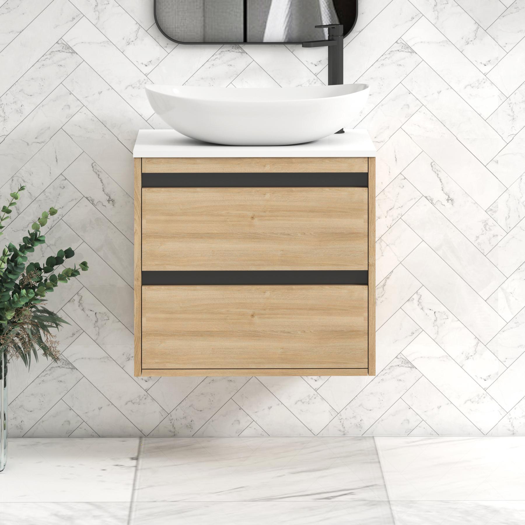 Orion 2 Drawer Natural Oak Wall Hung Vanity Unit with Plain White Top & Countertop Basin | Black Accent Trim