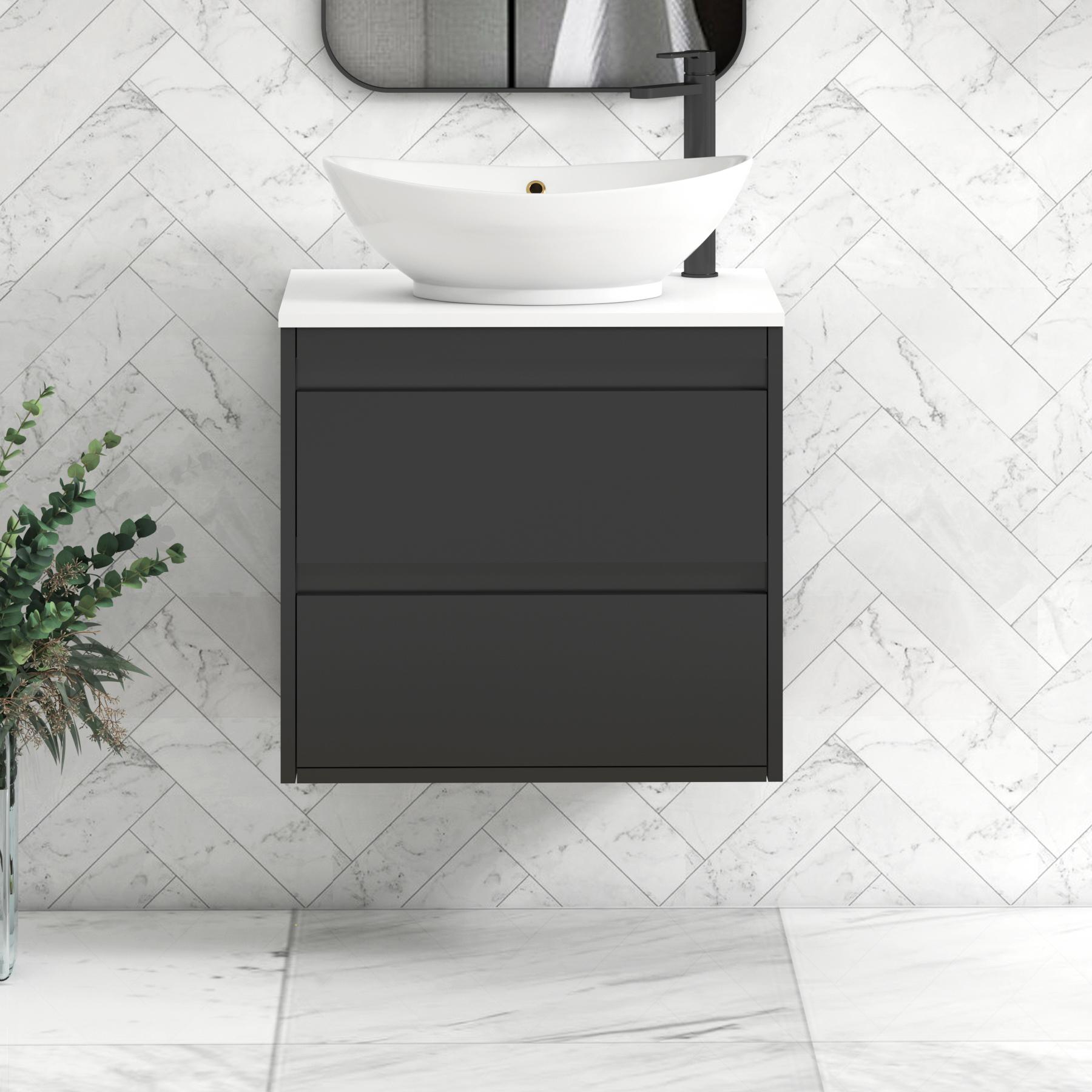 Orion 2 Drawer Matt Obsidian Black Wall Hung Vanity Unit with Plain White Top & Countertop Basin | Black Accent Trim