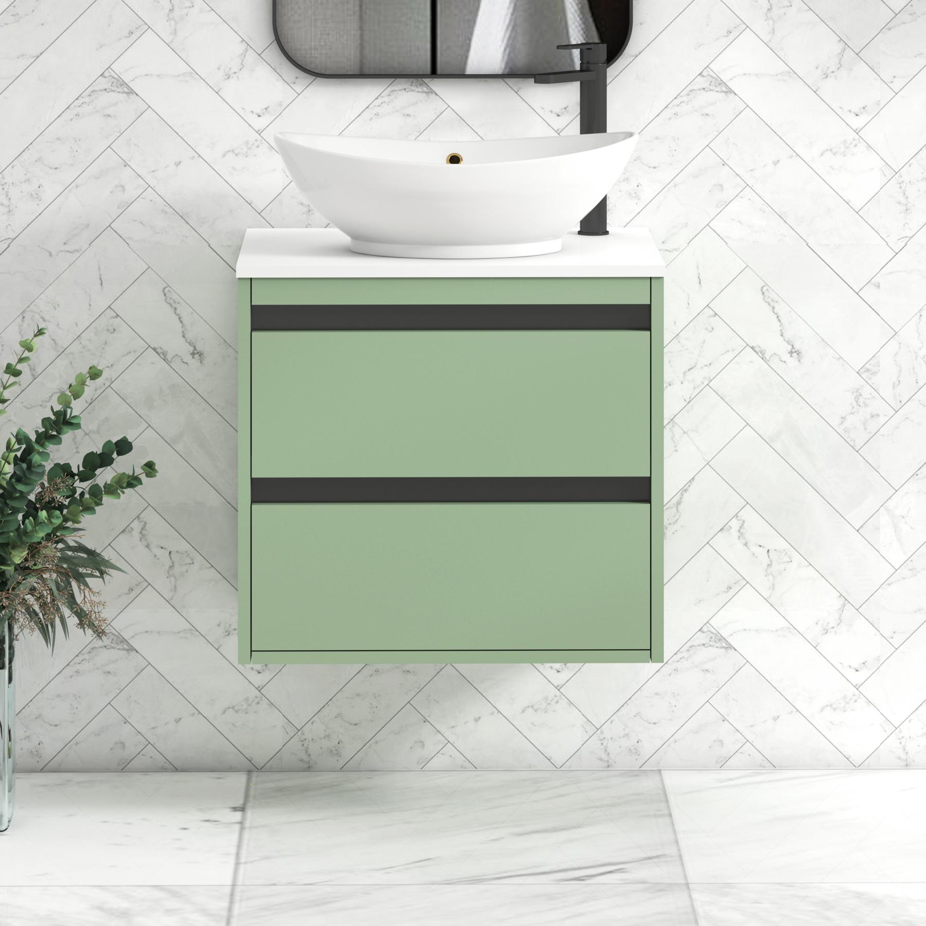 Orion 2 Drawer Mint Sage Wall Hung Vanity Unit with Plain White Top & Countertop Basin | Black Accent Trim