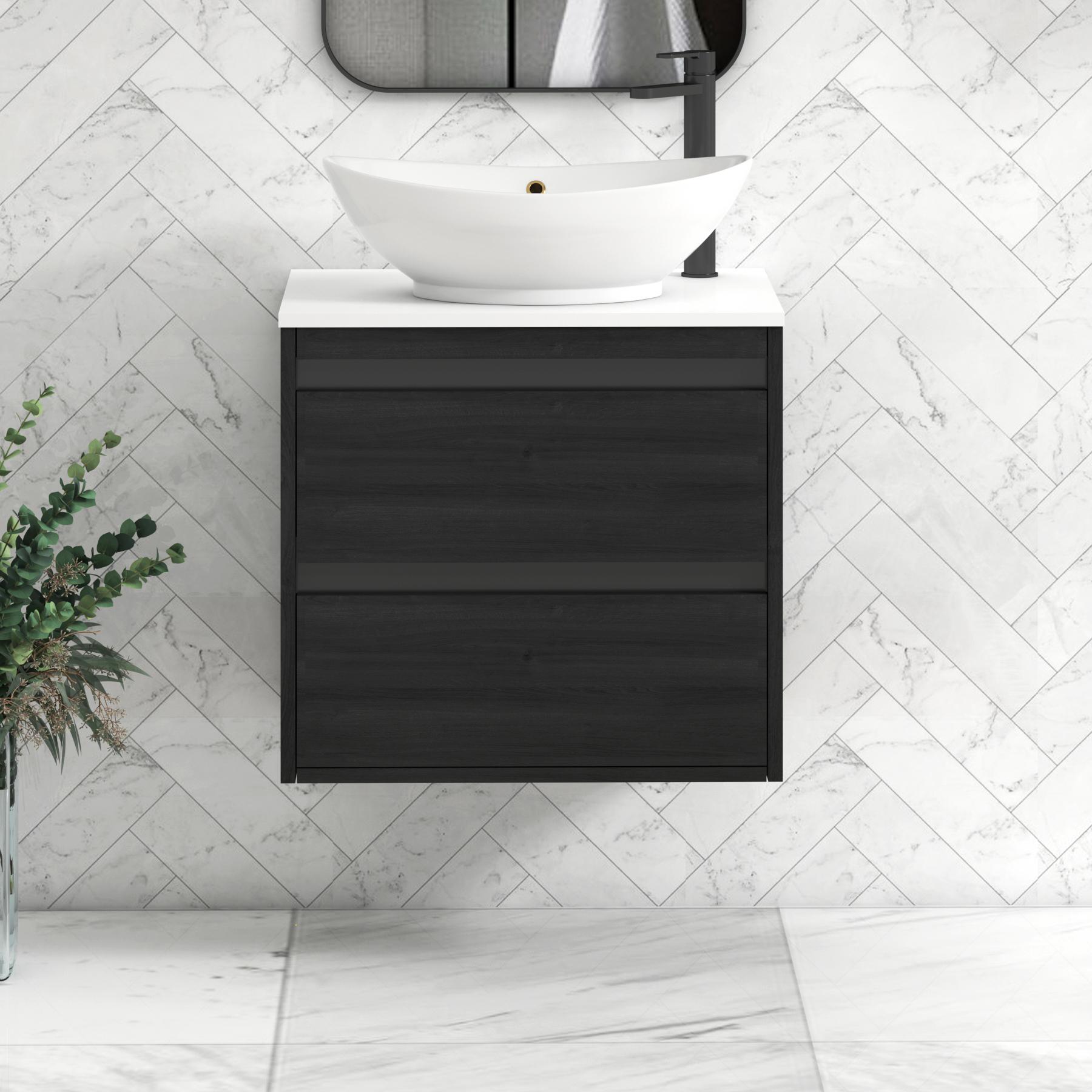 Orion 2 Drawer Hale Black Wall Hung Vanity Unit with Plain White Top & Countertop Basin | Black Accent Trim