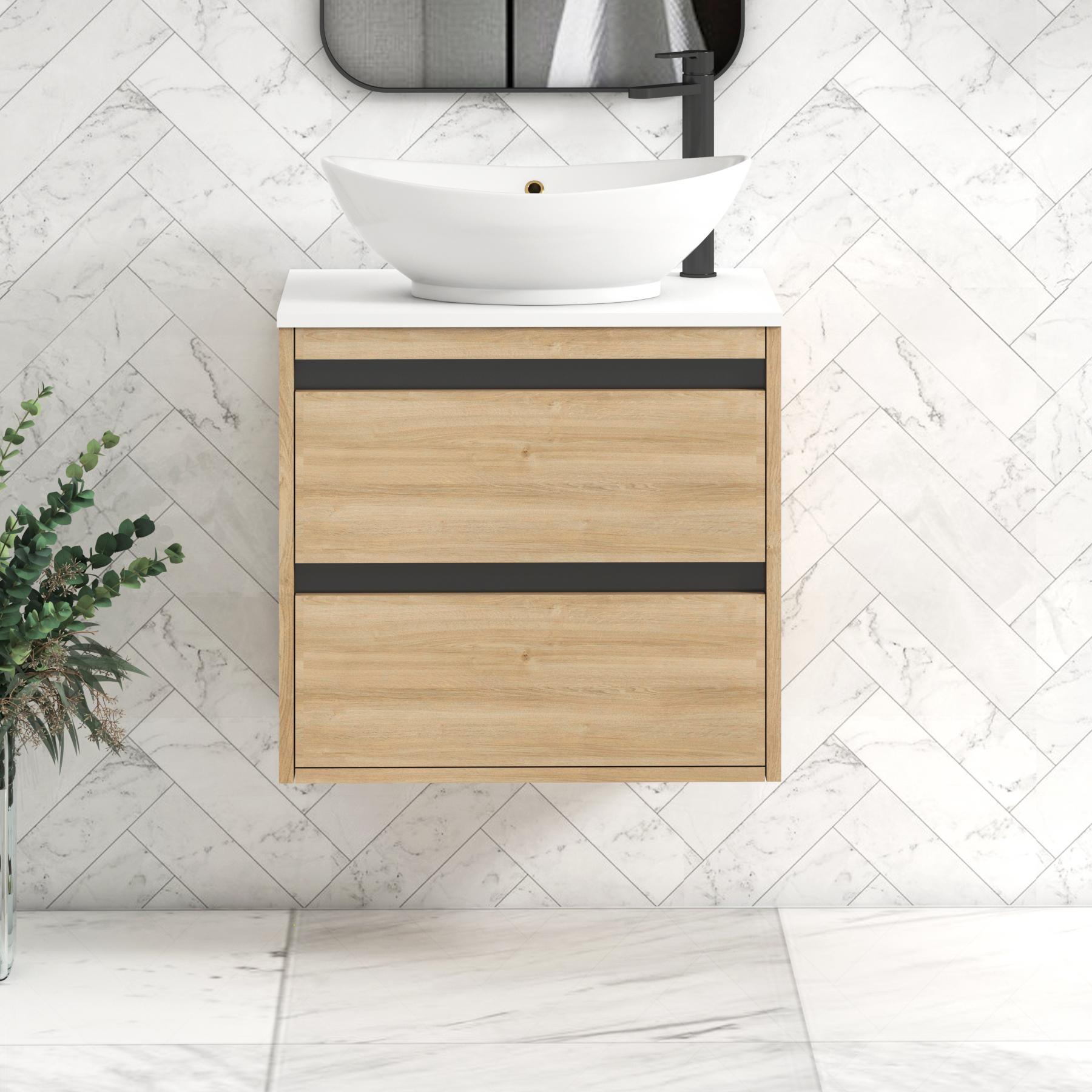 Orion 2 Drawer Natural Oak Wall Hung Vanity Unit with Plain White Top & Countertop Basin | Black Accent Trim