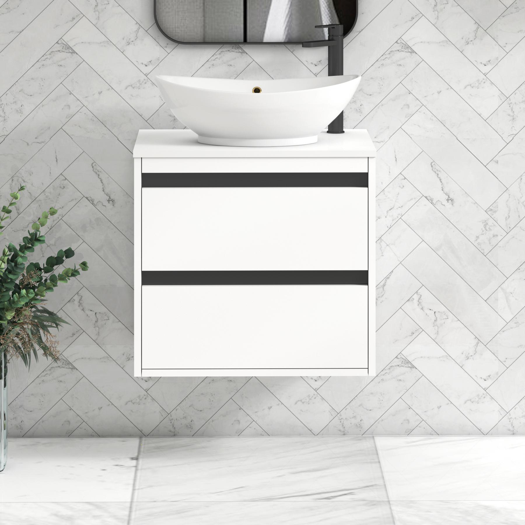 Orion 2 Drawer Matt White Wall Hung Vanity Unit with Plain White Top & Countertop Basin | Black Accent Trim