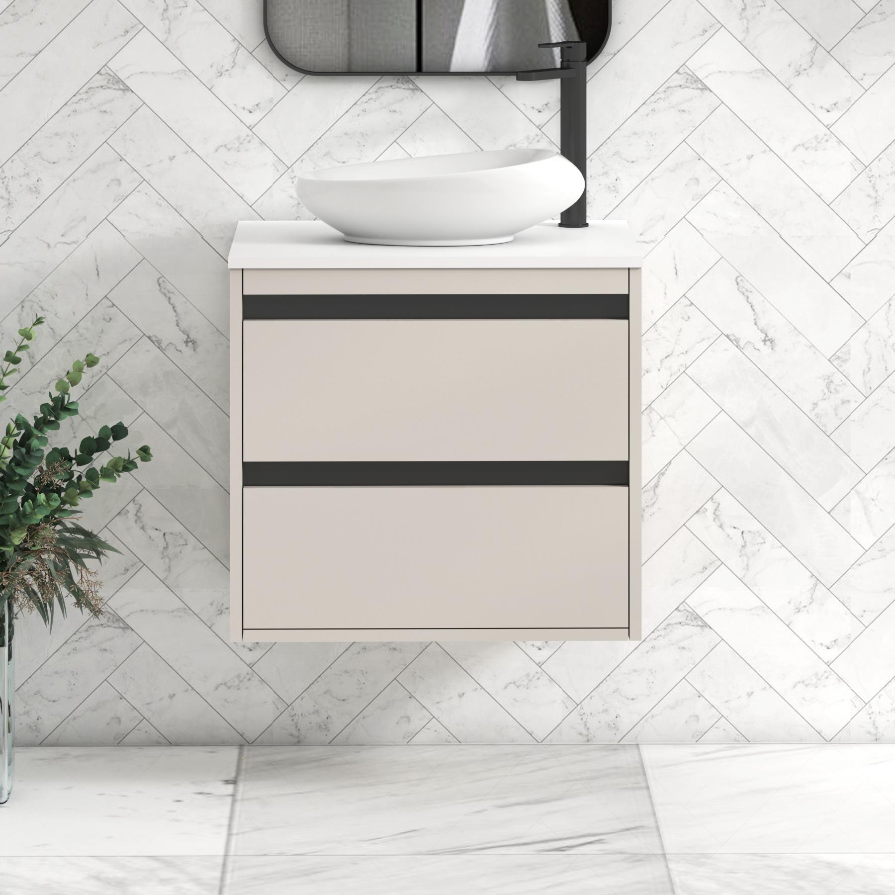 Orion 2 Drawer Warm Taupe Wall Hung Vanity Unit with Plain White Top & Countertop Basin | Black Accent Trim