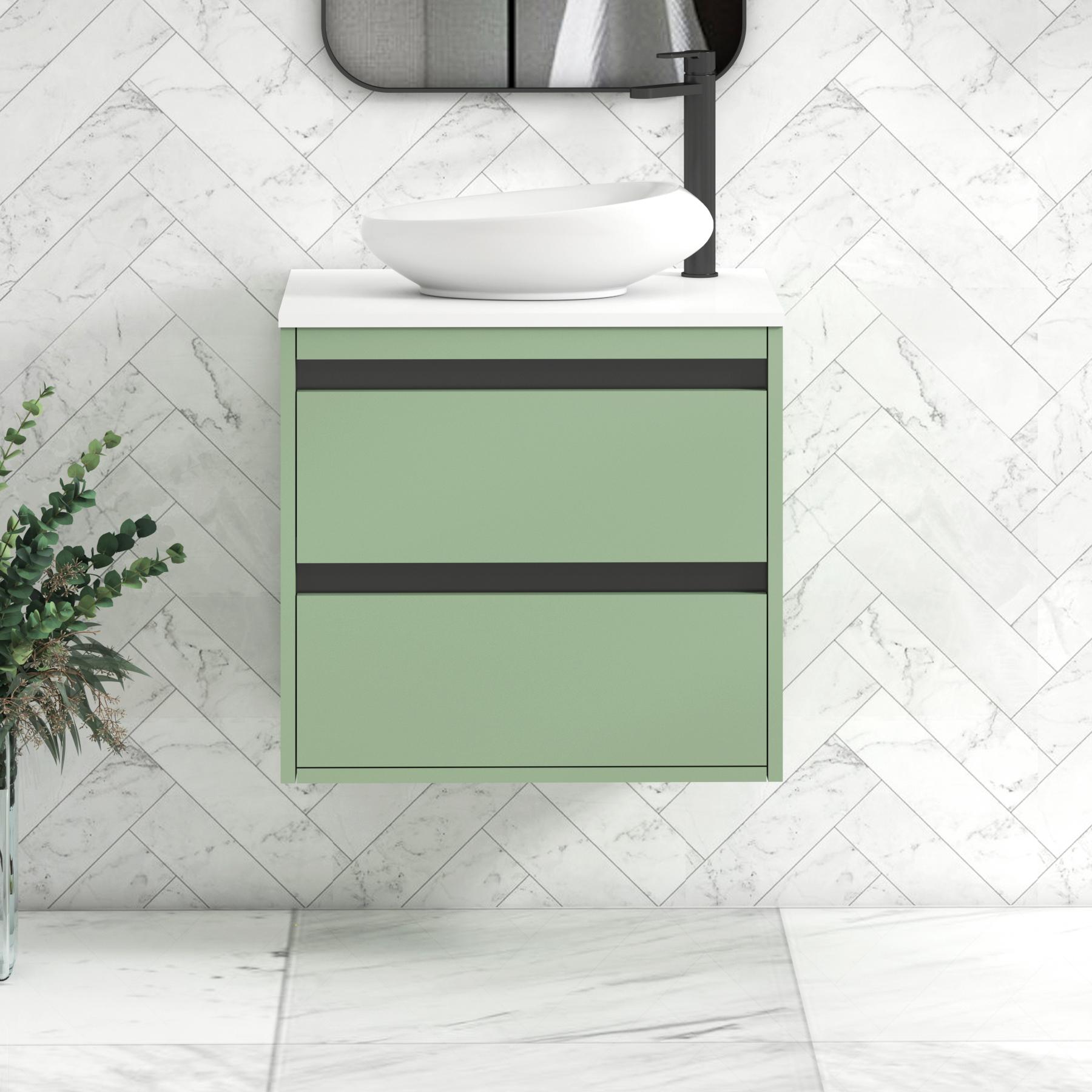 Orion 2 Drawer Mint Sage Wall Hung Vanity Unit with Plain White Top & Countertop Basin | Black Accent Trim