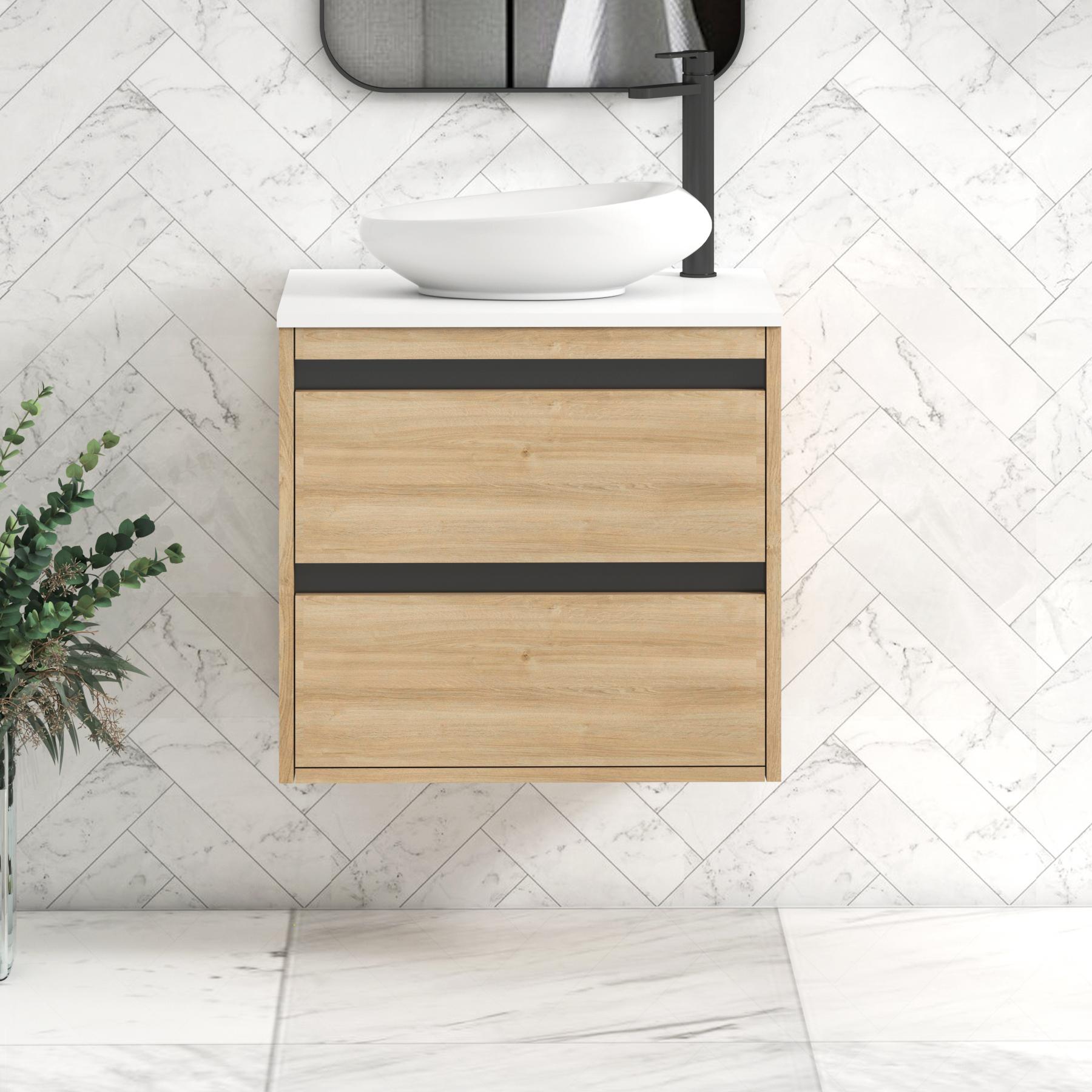 Orion 2 Drawer Natural Oak Wall Hung Vanity Unit with Plain White Top & Countertop Basin | Black Accent Trim