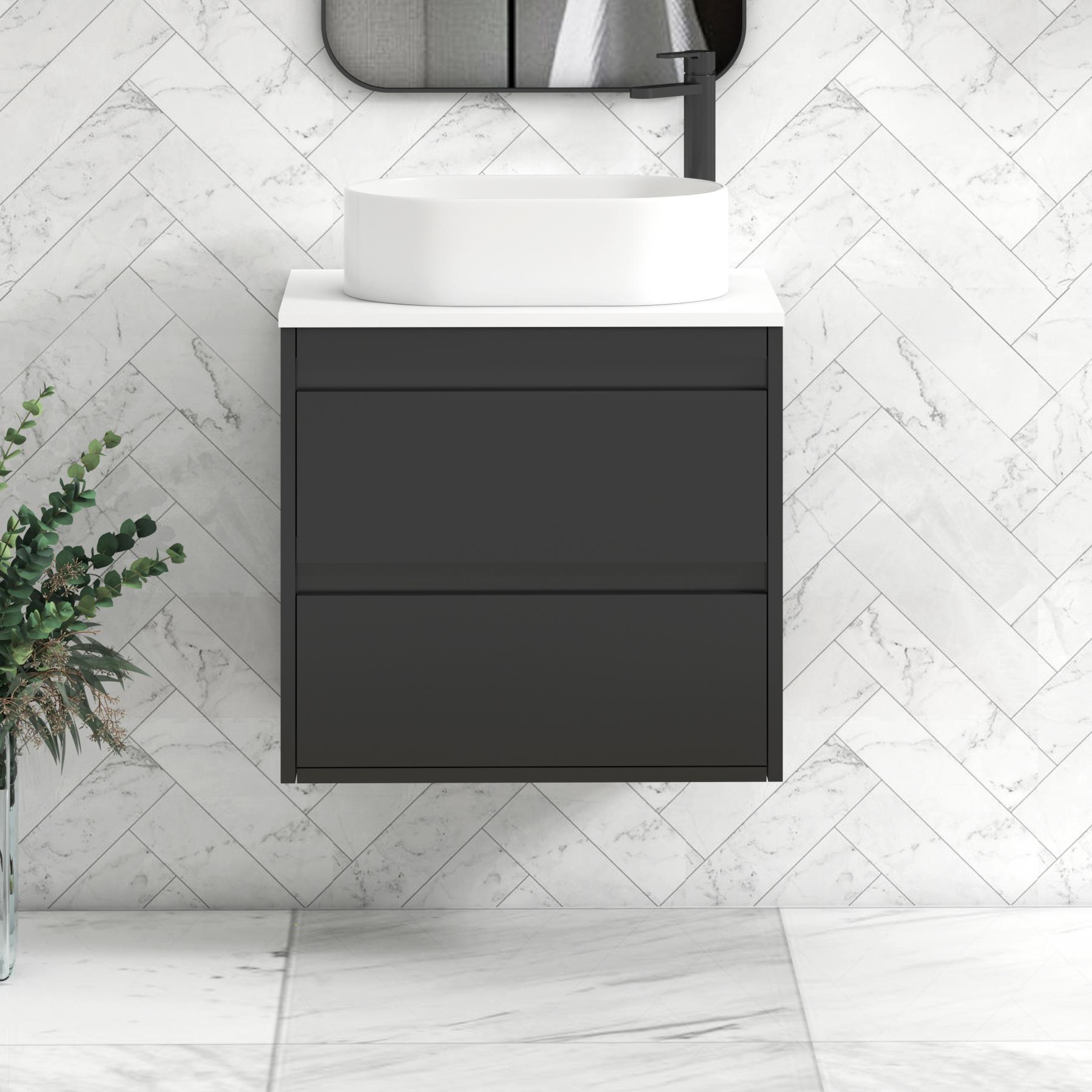 Orion 2 Drawer Matt Obsidian Black Wall Hung Vanity Unit with Plain White Top & Countertop Basin | Black Accent Trim