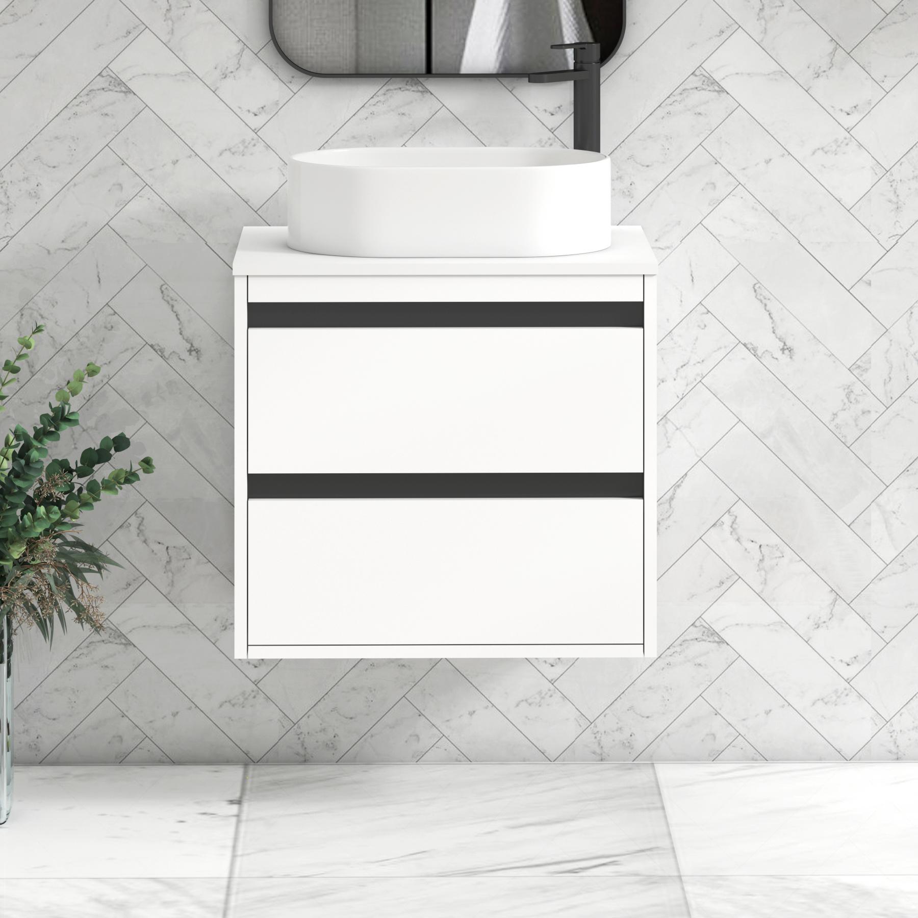 Orion 2 Drawer Matt White Wall Hung Vanity Unit with Plain White Top & Countertop Basin | Black Accent Trim