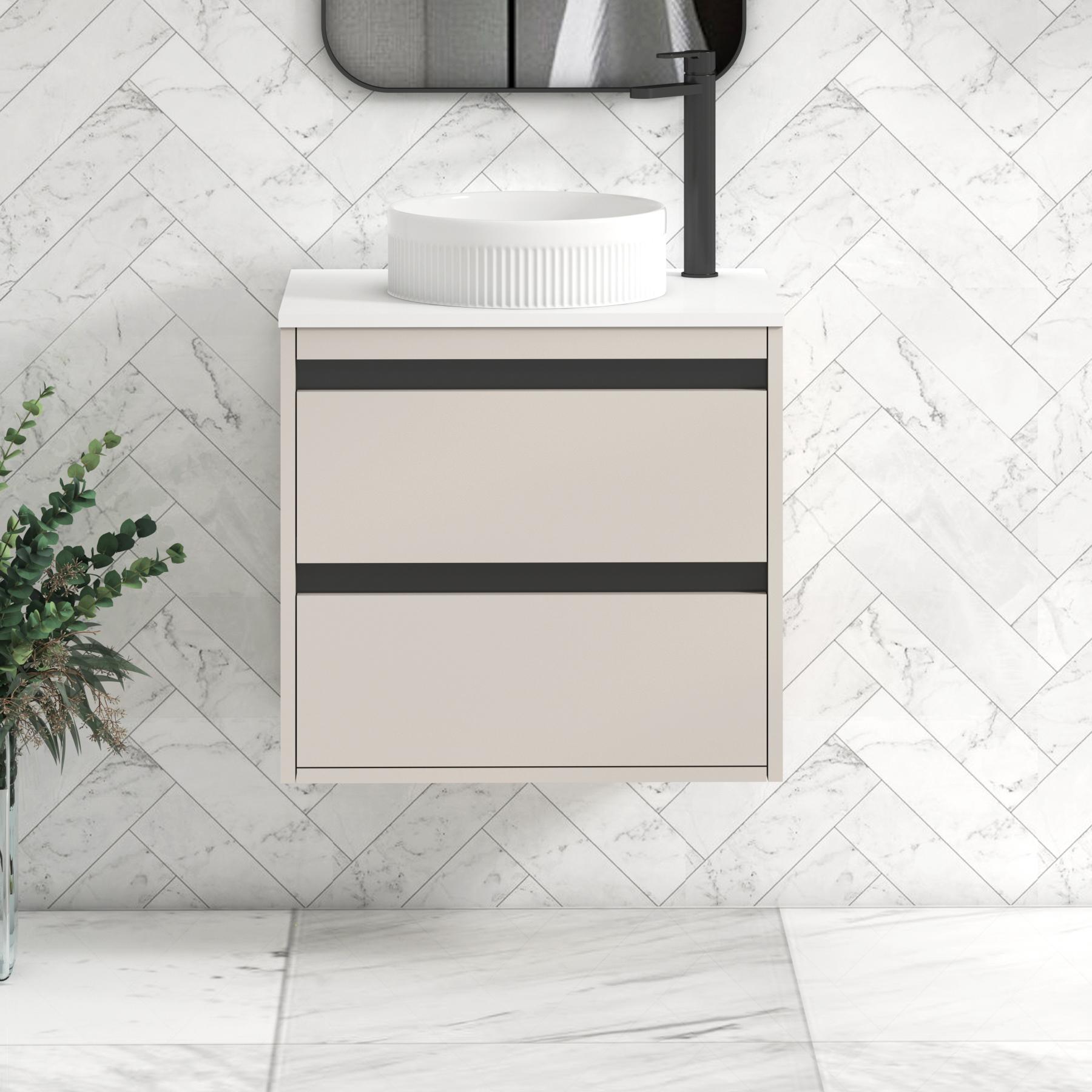 Orion 2 Drawer Warm Taupe Wall Hung Vanity Unit with Plain White Top & Countertop Basin | Black Accent Trim