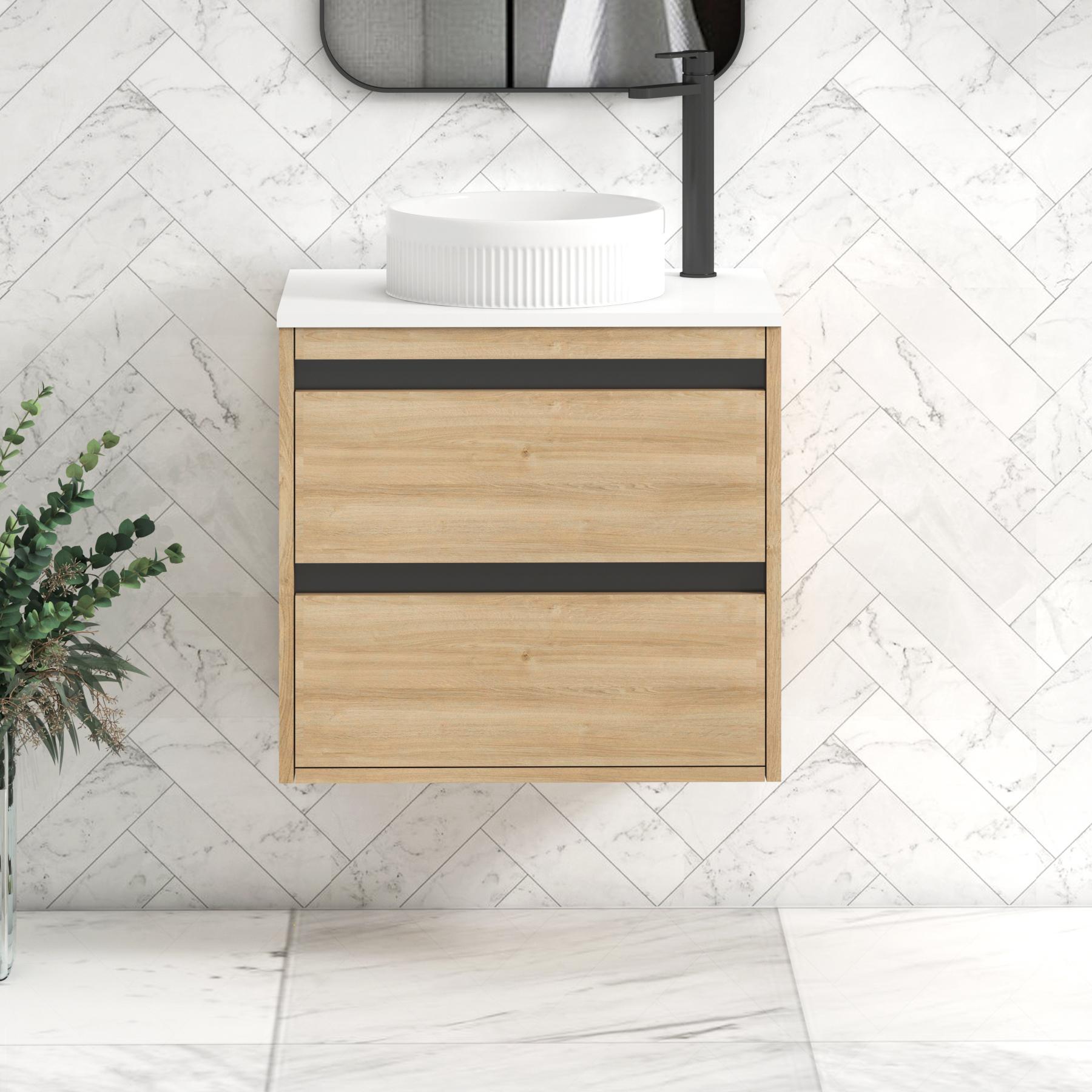 Orion 2 Drawer Natural Oak Wall Hung Vanity Unit with Plain White Top & Countertop Basin | Black Accent Trim