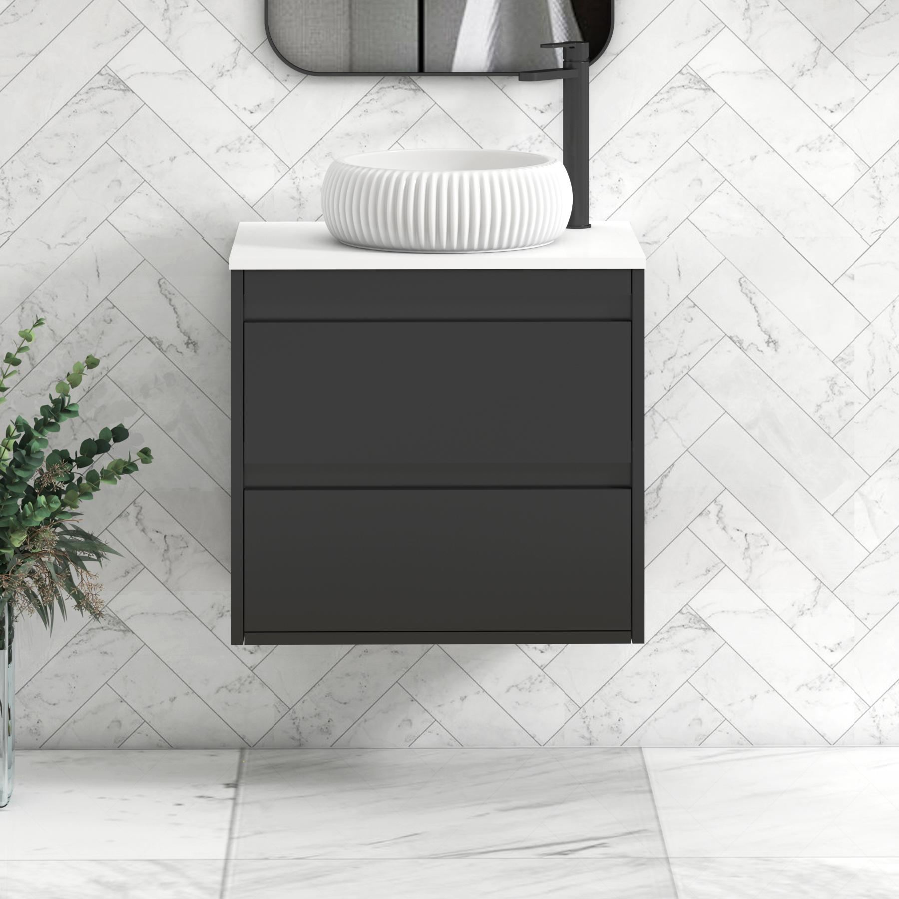 Orion 2 Drawer Matt Obsidian Black Wall Hung Vanity Unit with Plain White Top & Countertop Basin | Black Accent Trim