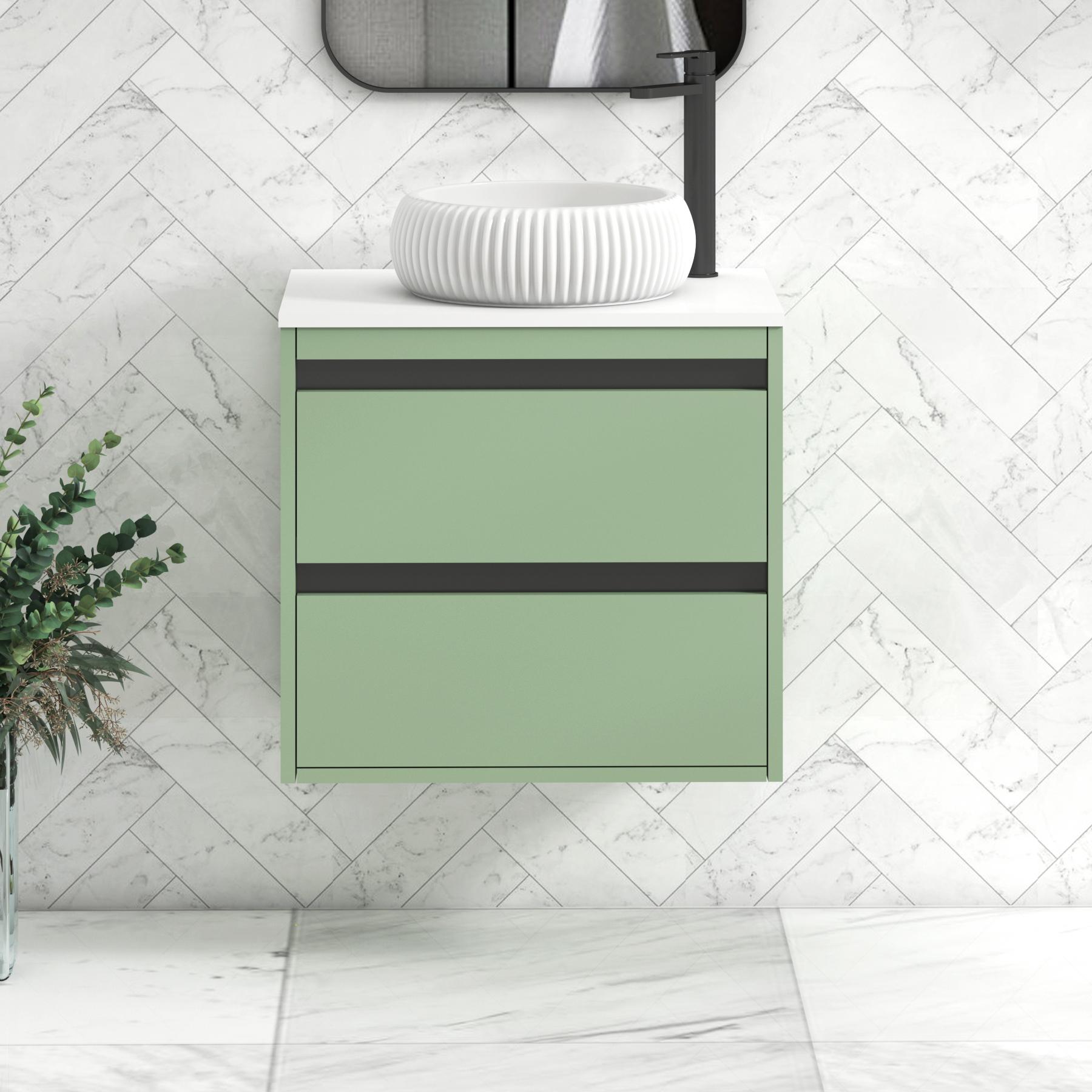 Orion 2 Drawer Mint Sage Wall Hung Vanity Unit with Plain White Top & Countertop Basin | Black Accent Trim