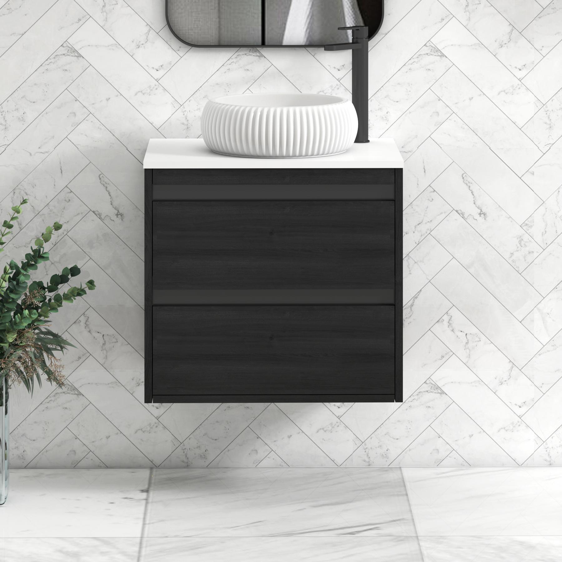 Orion 2 Drawer Hale Black Wall Hung Vanity Unit with Plain White Top & Countertop Basin | Black Accent Trim