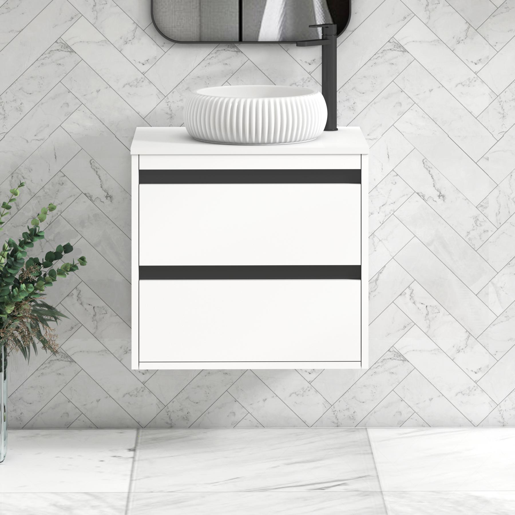 Orion 2 Drawer Matt White Wall Hung Vanity Unit with Plain White Top & Countertop Basin | Black Accent Trim