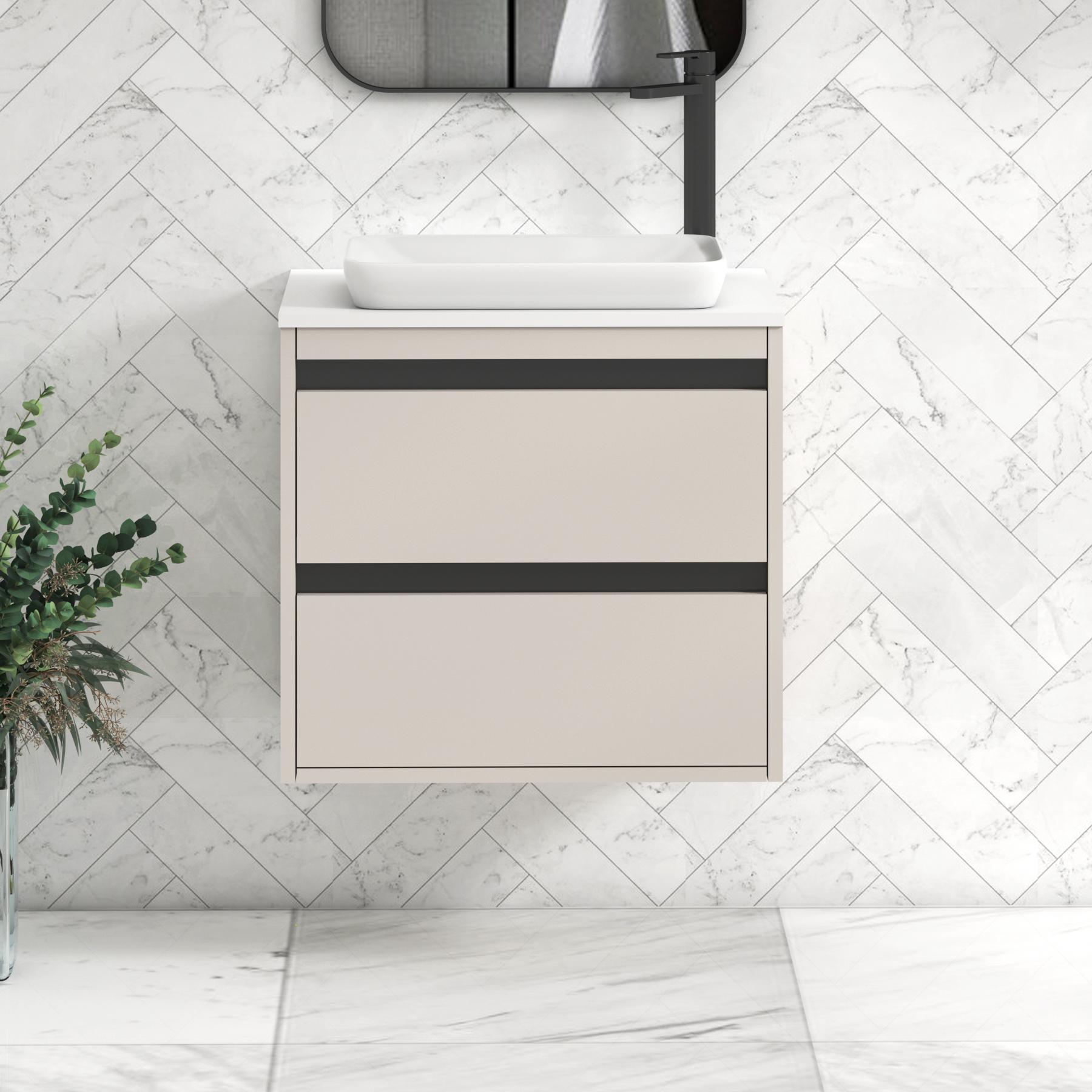 Orion 2 Drawer Warm Taupe Wall Hung Vanity Unit with Plain White Top & Countertop Basin | Black Accent Trim