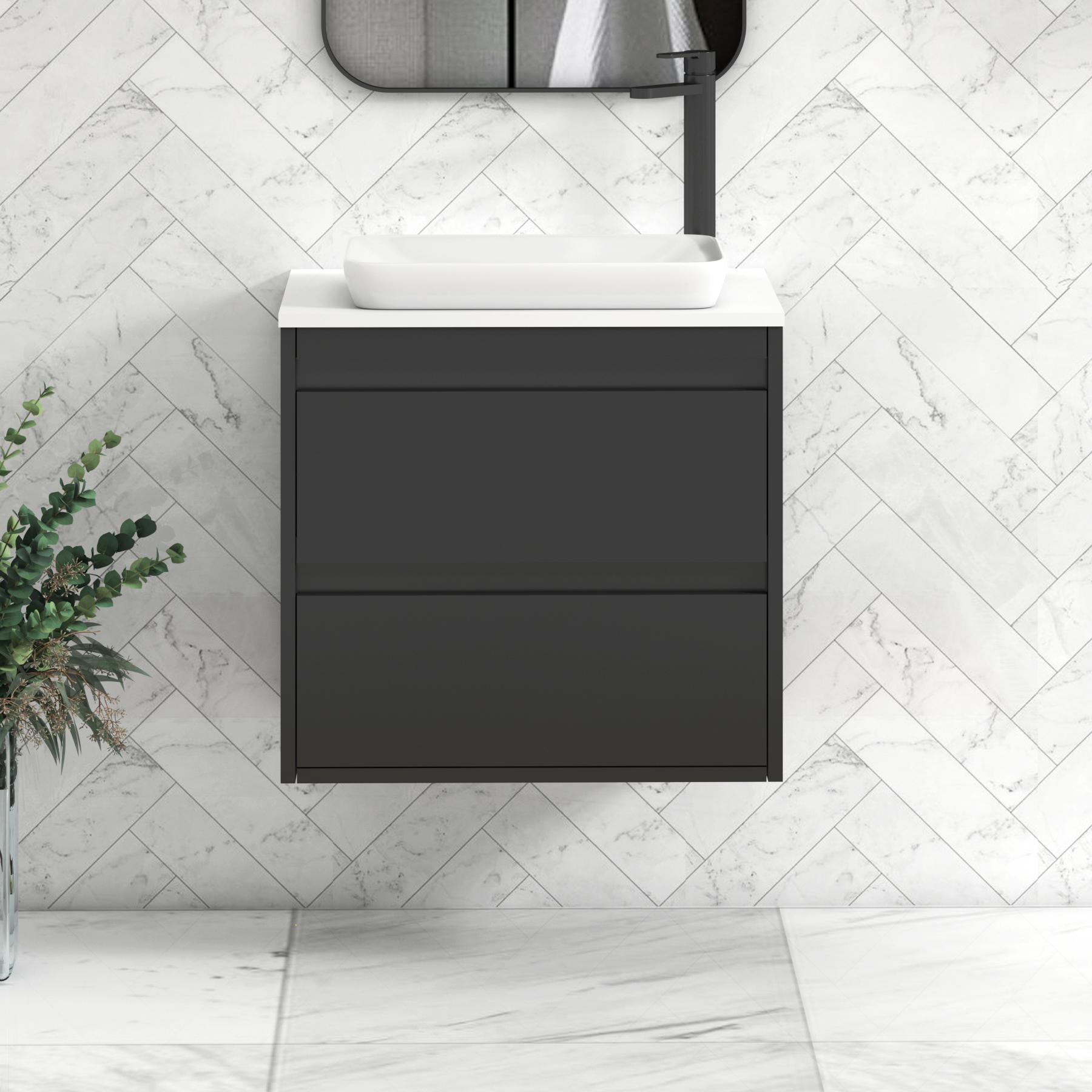 Orion 2 Drawer Matt Obsidian Black Wall Hung Vanity Unit with Plain White Top & Countertop Basin | Black Accent Trim