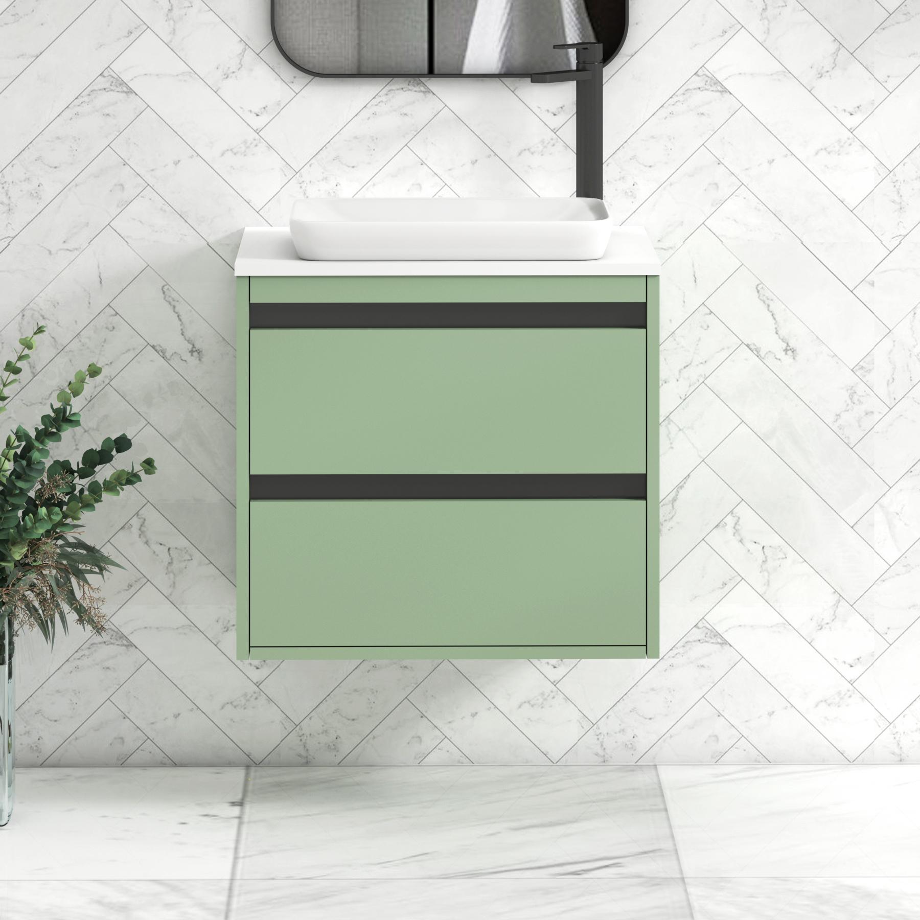 Orion 2 Drawer Mint Sage Wall Hung Vanity Unit with Plain White Top & Countertop Basin | Black Accent Trim