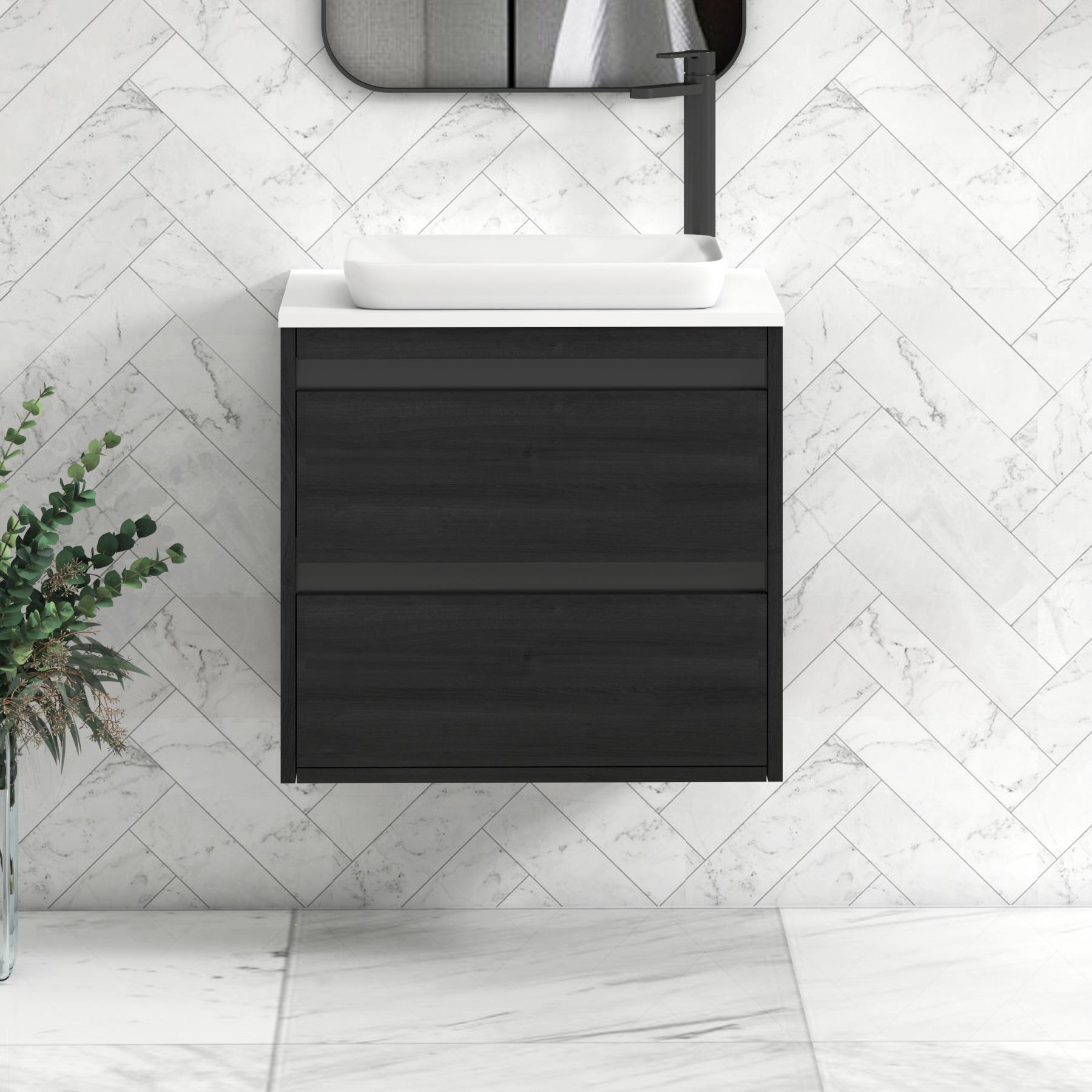Orion 2 Drawer Hale Black Wall Hung Vanity Unit with Plain White Top & Countertop Basin | Black Accent Trim