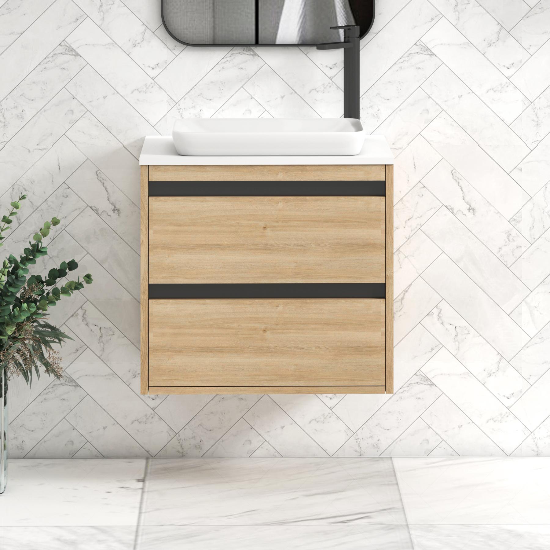 Orion 2 Drawer Natural Oak Wall Hung Vanity Unit with Plain White Top & Countertop Basin | Black Accent Trim