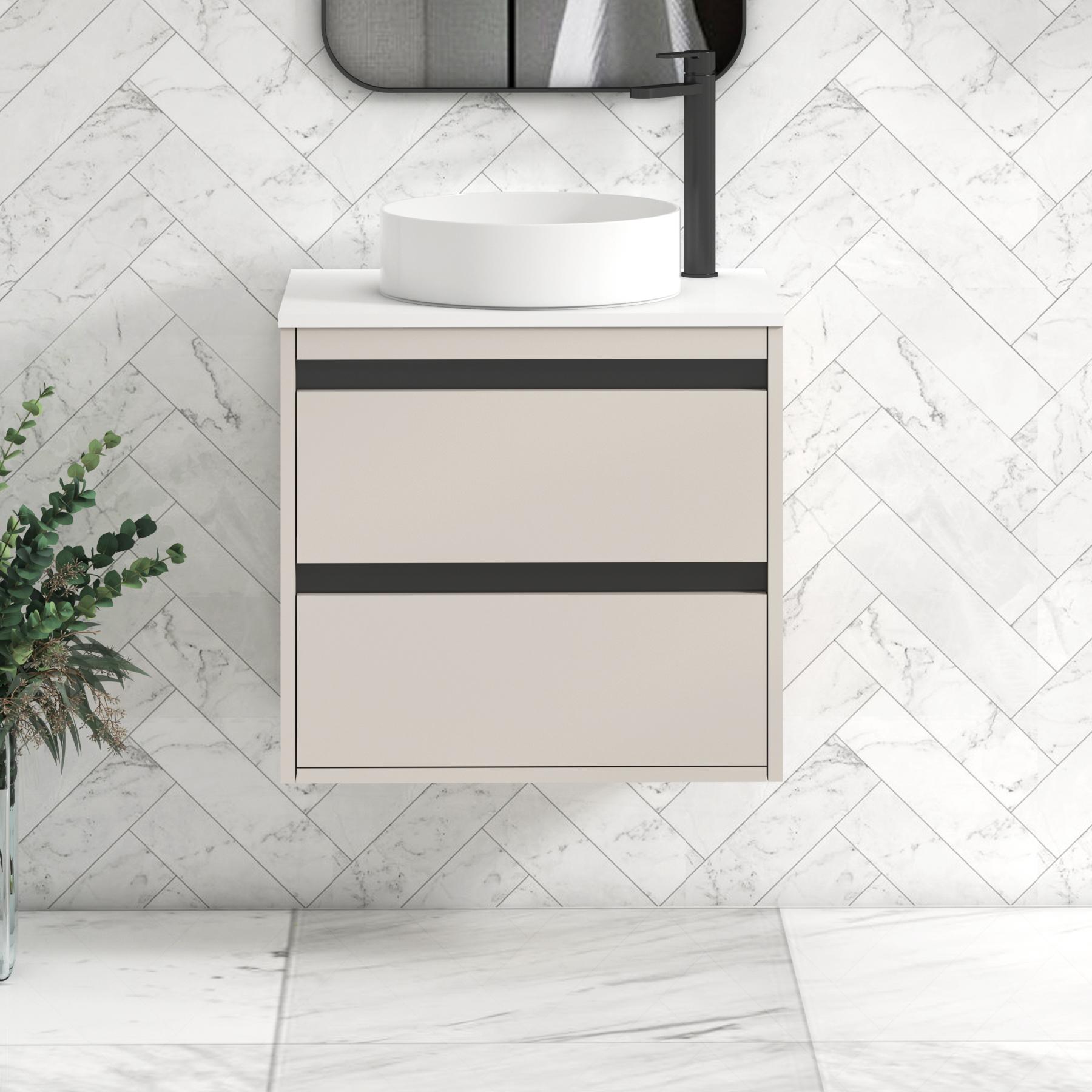 Orion 2 Drawer Warm Taupe Wall Hung Vanity Unit with Plain White Top & Countertop Basin | Black Accent Trim
