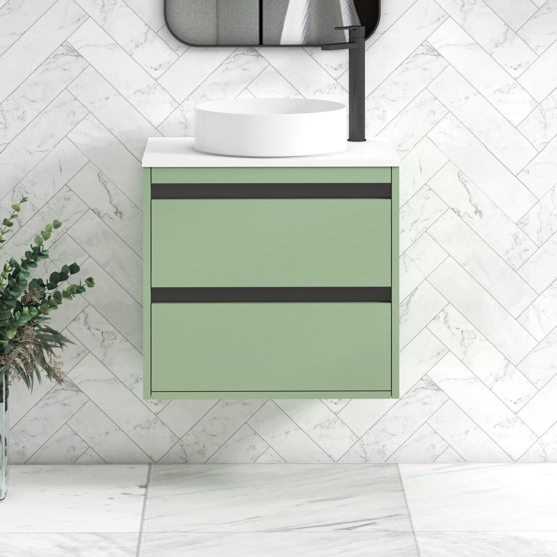 Orion 2 Drawer Mint Sage Wall Hung Vanity Unit with Plain White Top & Countertop Basin | Black Accent Trim