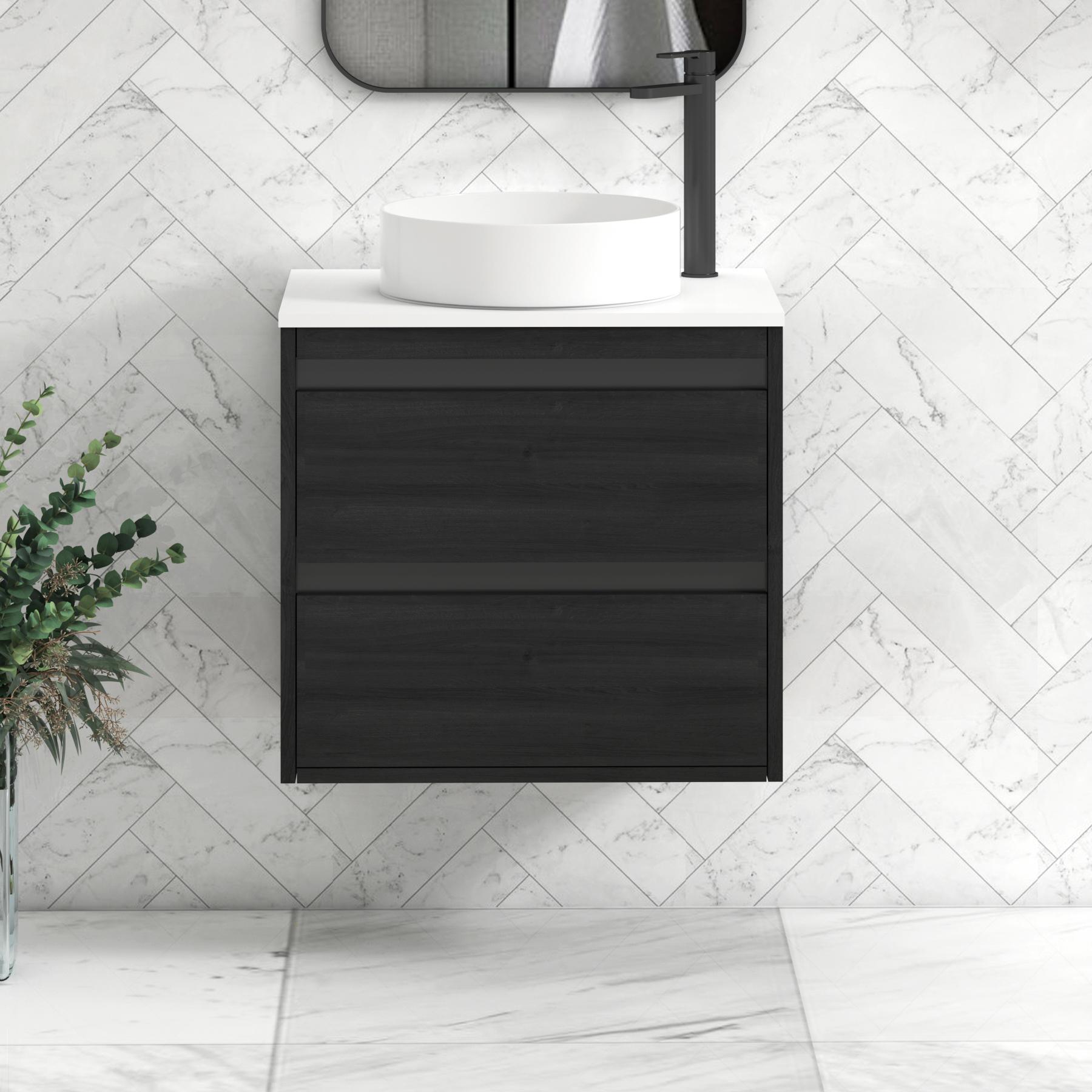Orion 2 Drawer Hale Black Wall Hung Vanity Unit with Plain White Top & Countertop Basin | Black Accent Trim