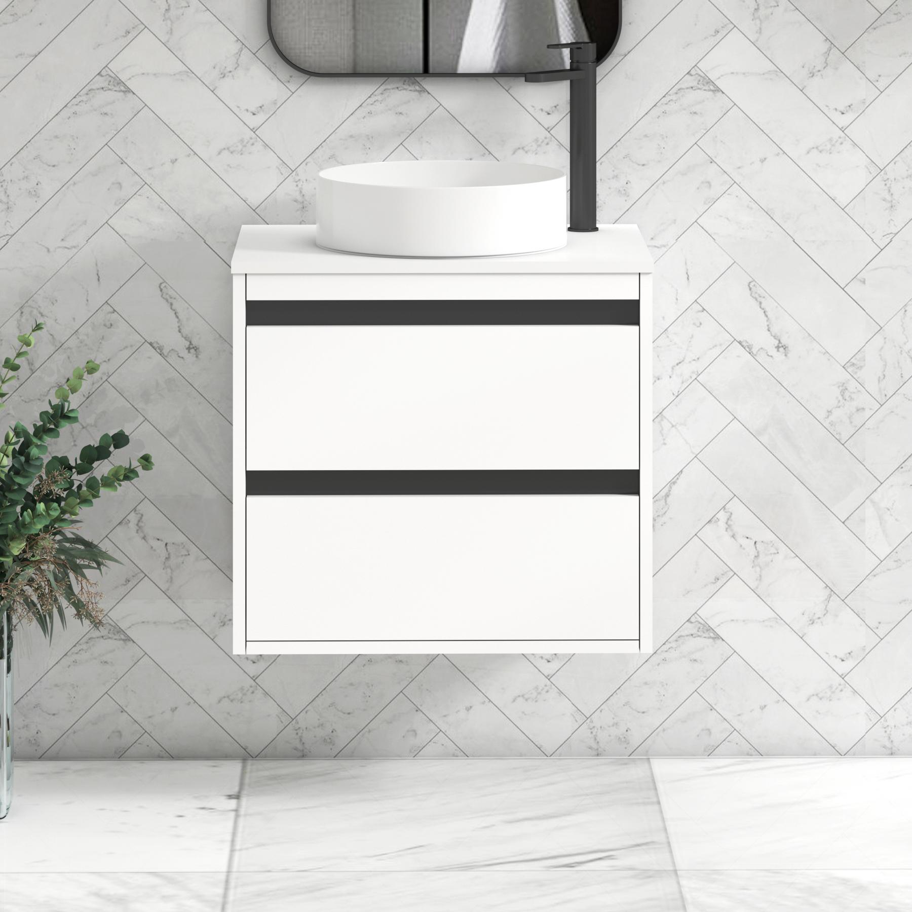 Orion 2 Drawer Matt White Wall Hung Vanity Unit with Plain White Top & Countertop Basin | Black Accent Trim