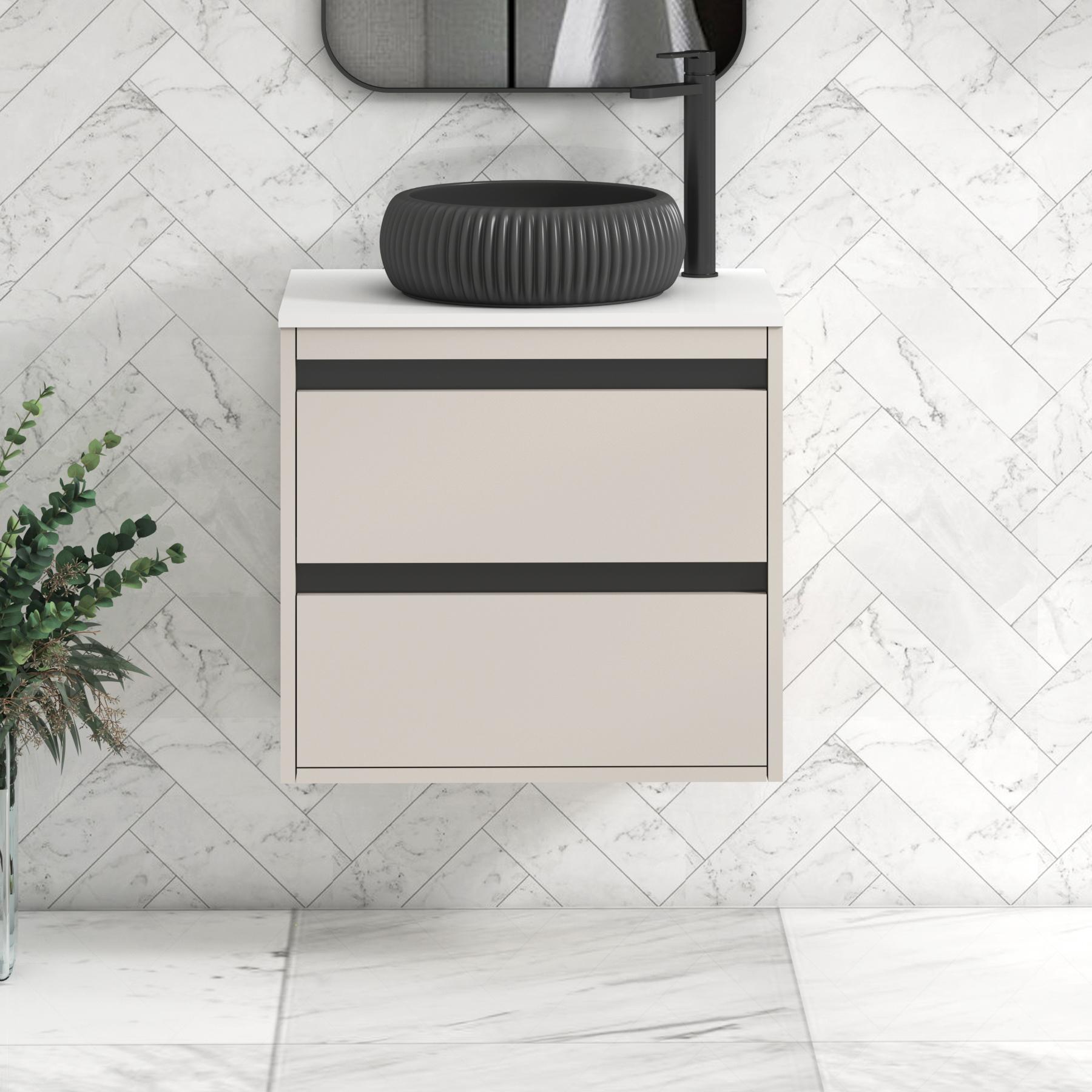 Orion 2 Drawer Warm Taupe Wall Hung Vanity Unit with Plain White Top & Countertop Basin | Black Accent Trim