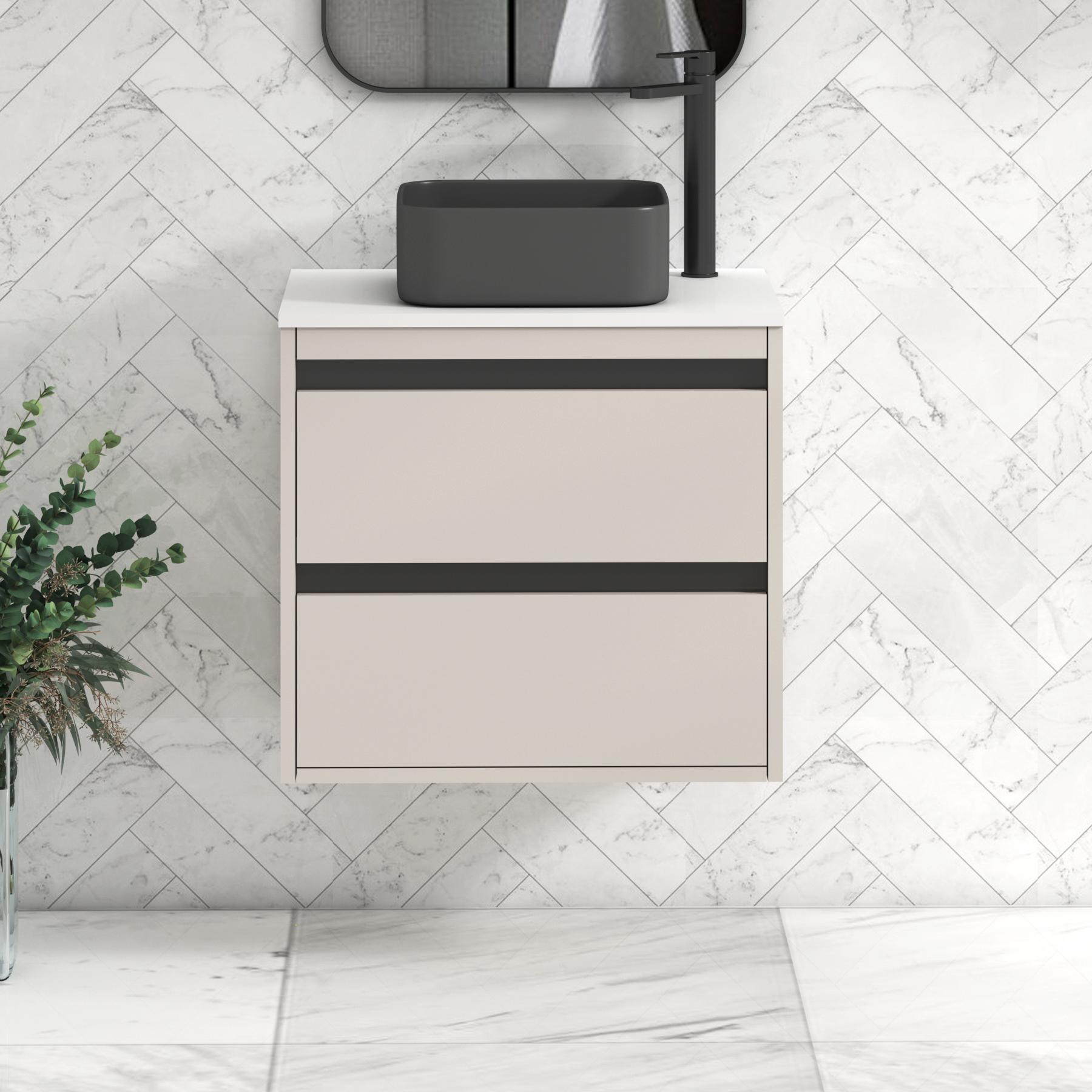 Orion 2 Drawer Warm Taupe Wall Hung Vanity Unit with Plain White Top & Countertop Basin | Black Accent Trim