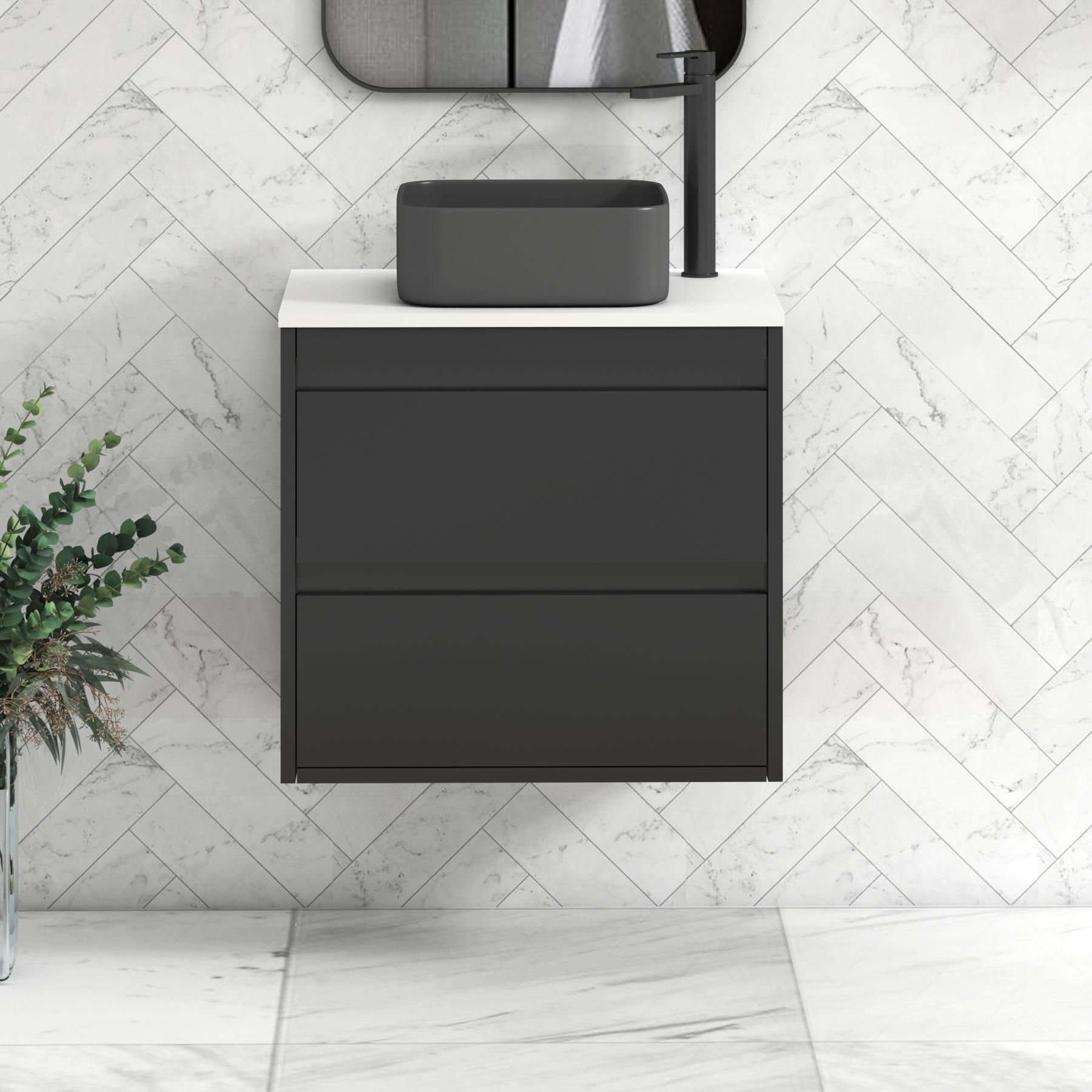 Orion 2 Drawer Matt Obsidian Black Wall Hung Vanity Unit with Plain White Top & Countertop Basin | Black Accent Trim