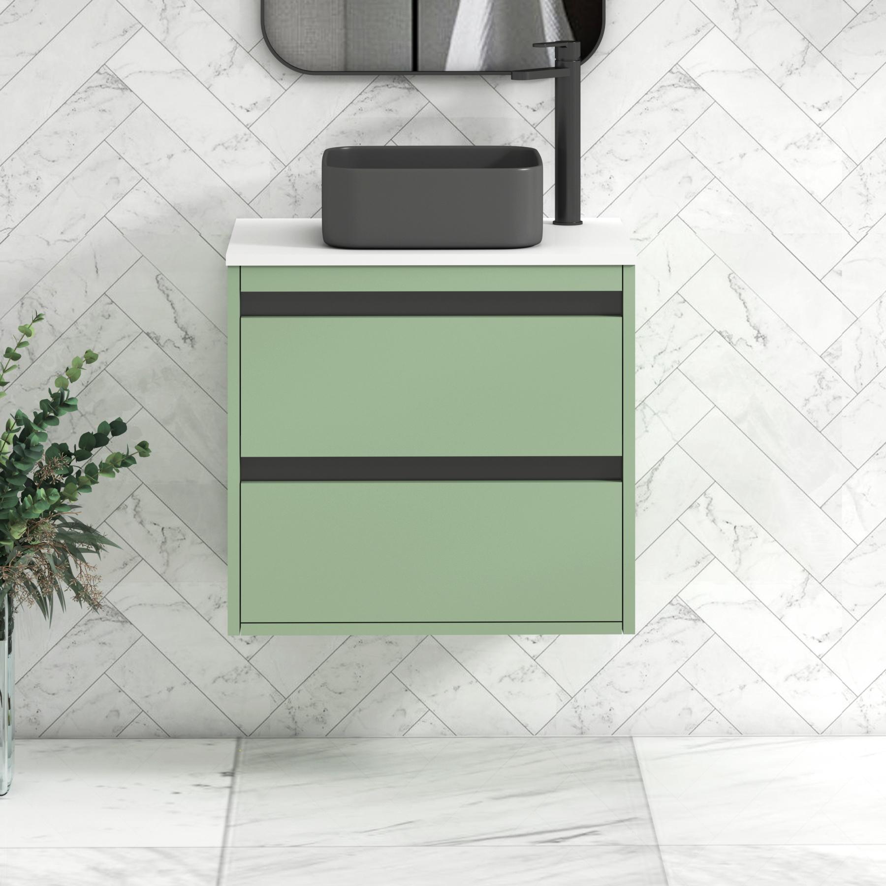 Orion 2 Drawer Mint Sage Wall Hung Vanity Unit with Plain White Top & Countertop Basin | Black Accent Trim