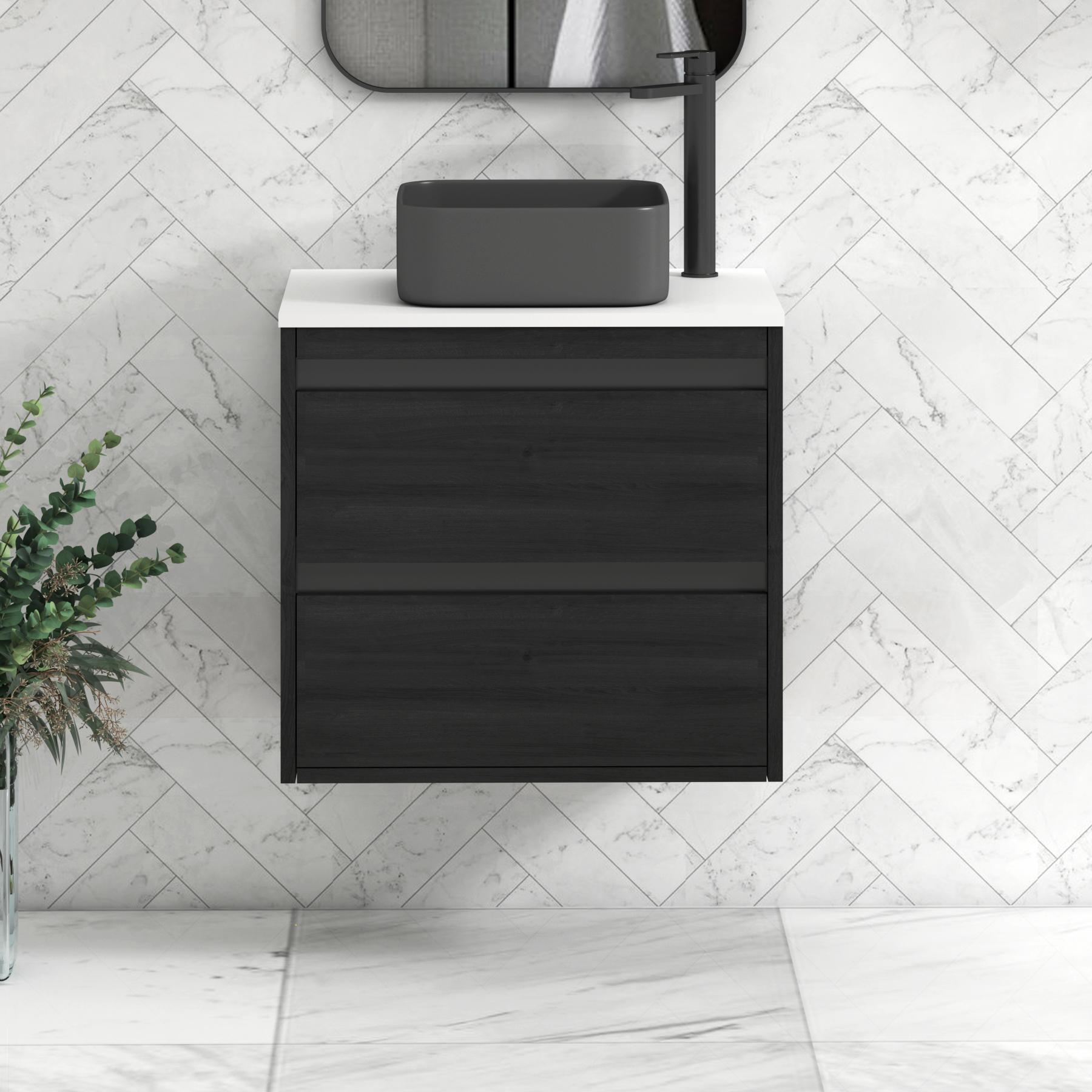 Orion 2 Drawer Hale Black Wall Hung Vanity Unit with Plain White Top & Countertop Basin | Black Accent Trim
