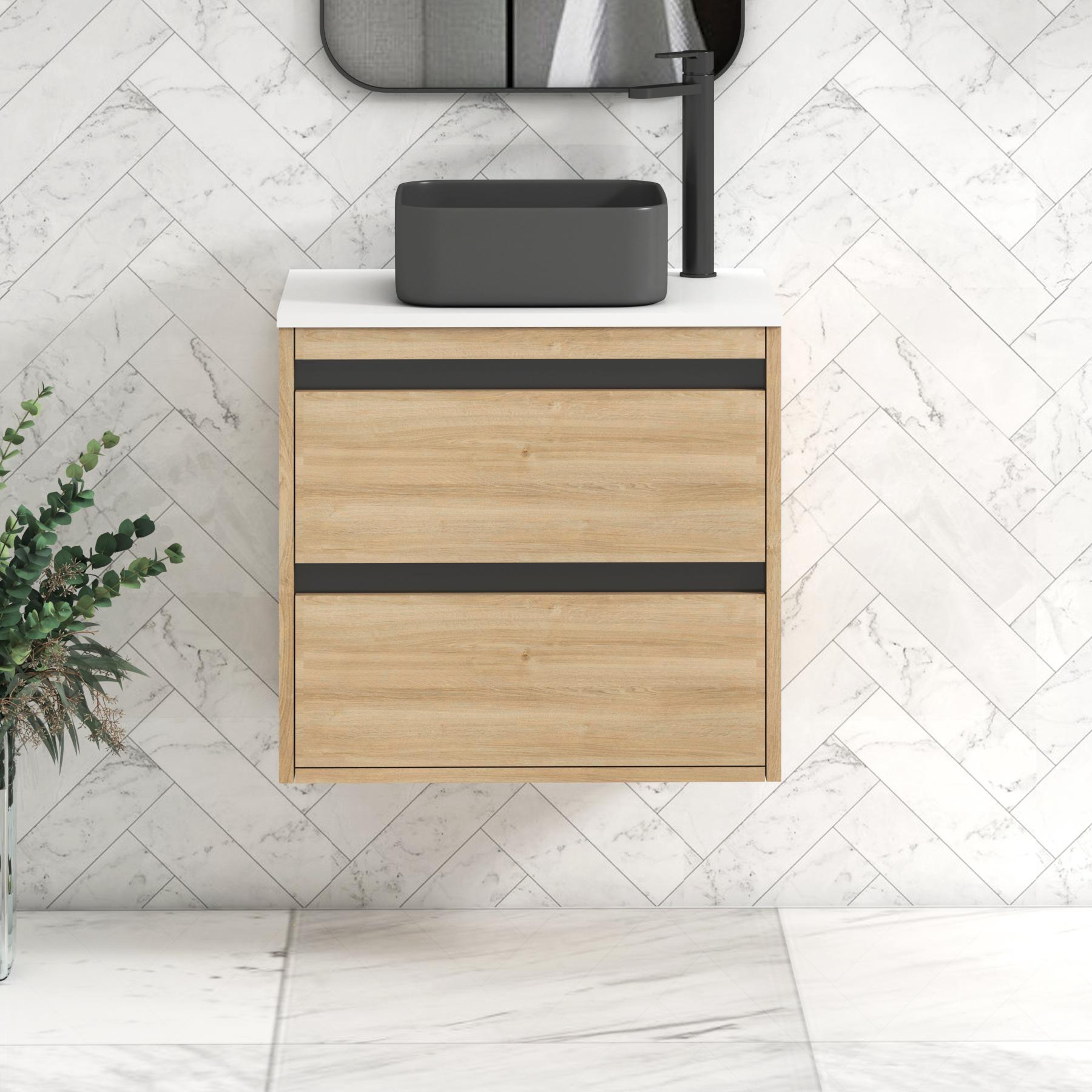 Orion 2 Drawer Natural Oak Wall Hung Vanity Unit with Plain White Top & Countertop Basin | Black Accent Trim