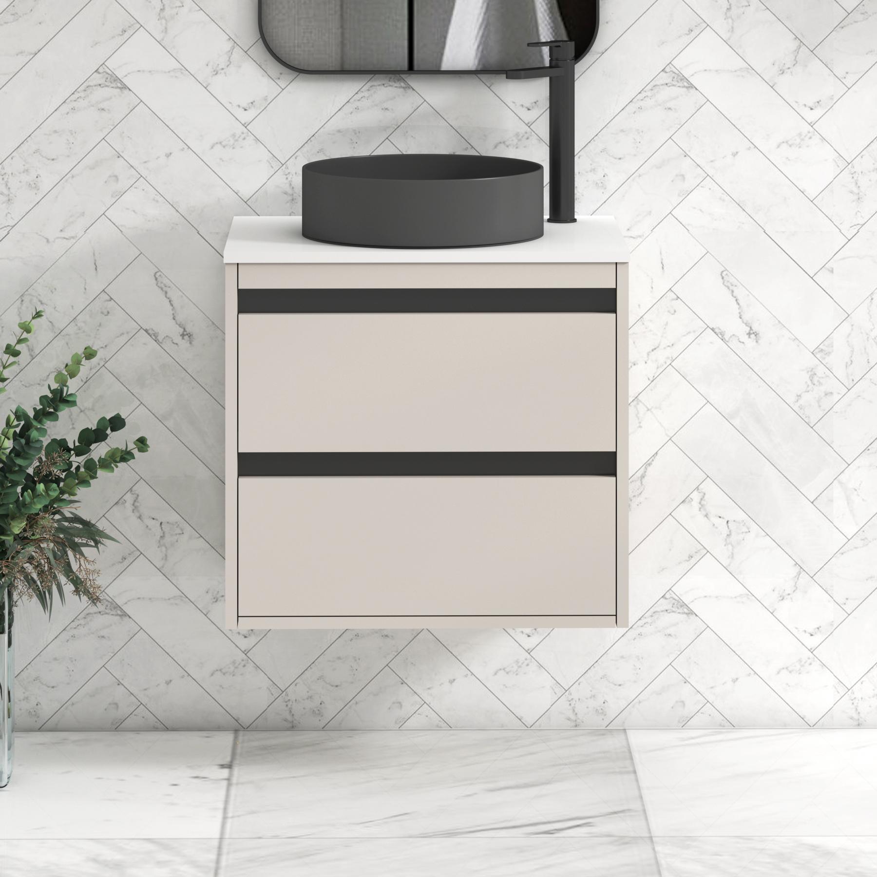 Orion 2 Drawer Warm Taupe Wall Hung Vanity Unit with Plain White Top & Countertop Basin | Black Accent Trim