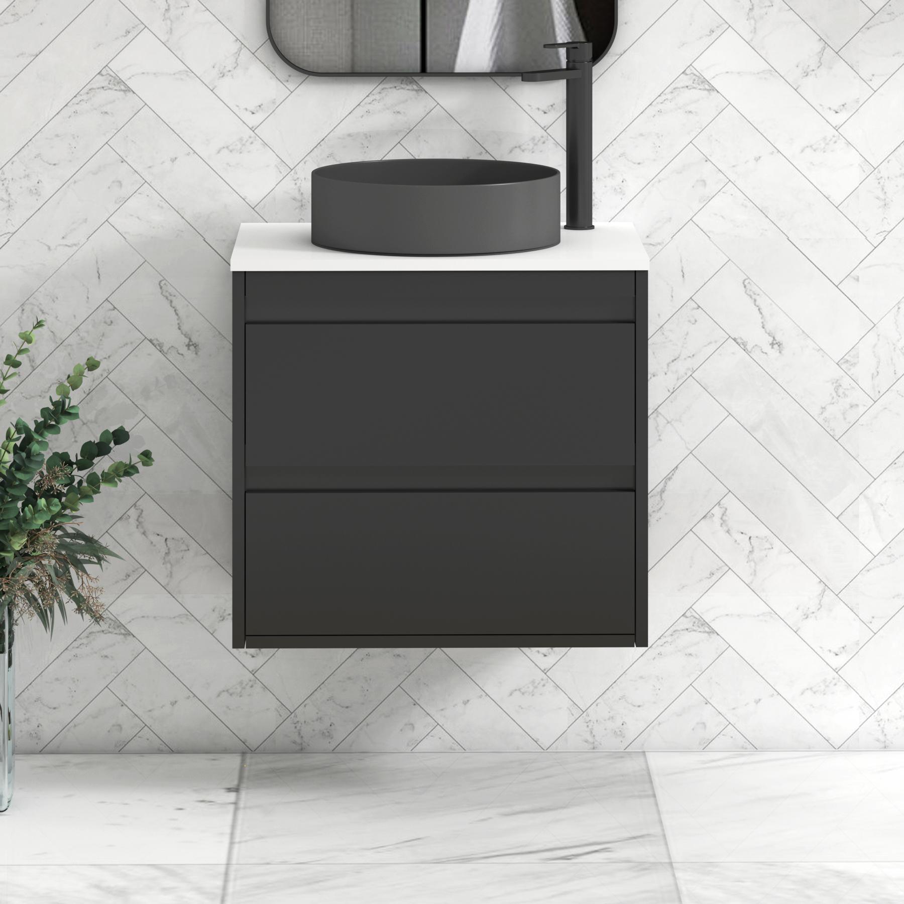 Orion 2 Drawer Matt Obsidian Black Wall Hung Vanity Unit with Plain White Top & Countertop Basin | Black Accent Trim
