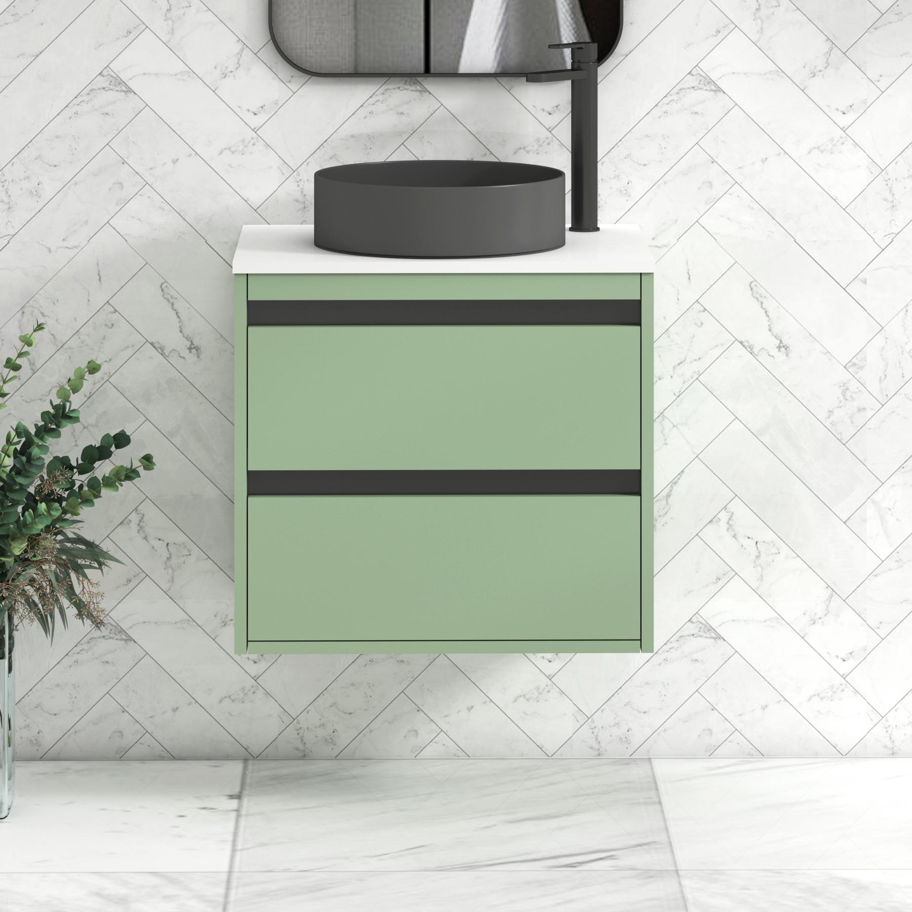 Orion 2 Drawer Mint Sage Wall Hung Vanity Unit with Plain White Top & Countertop Basin | Black Accent Trim